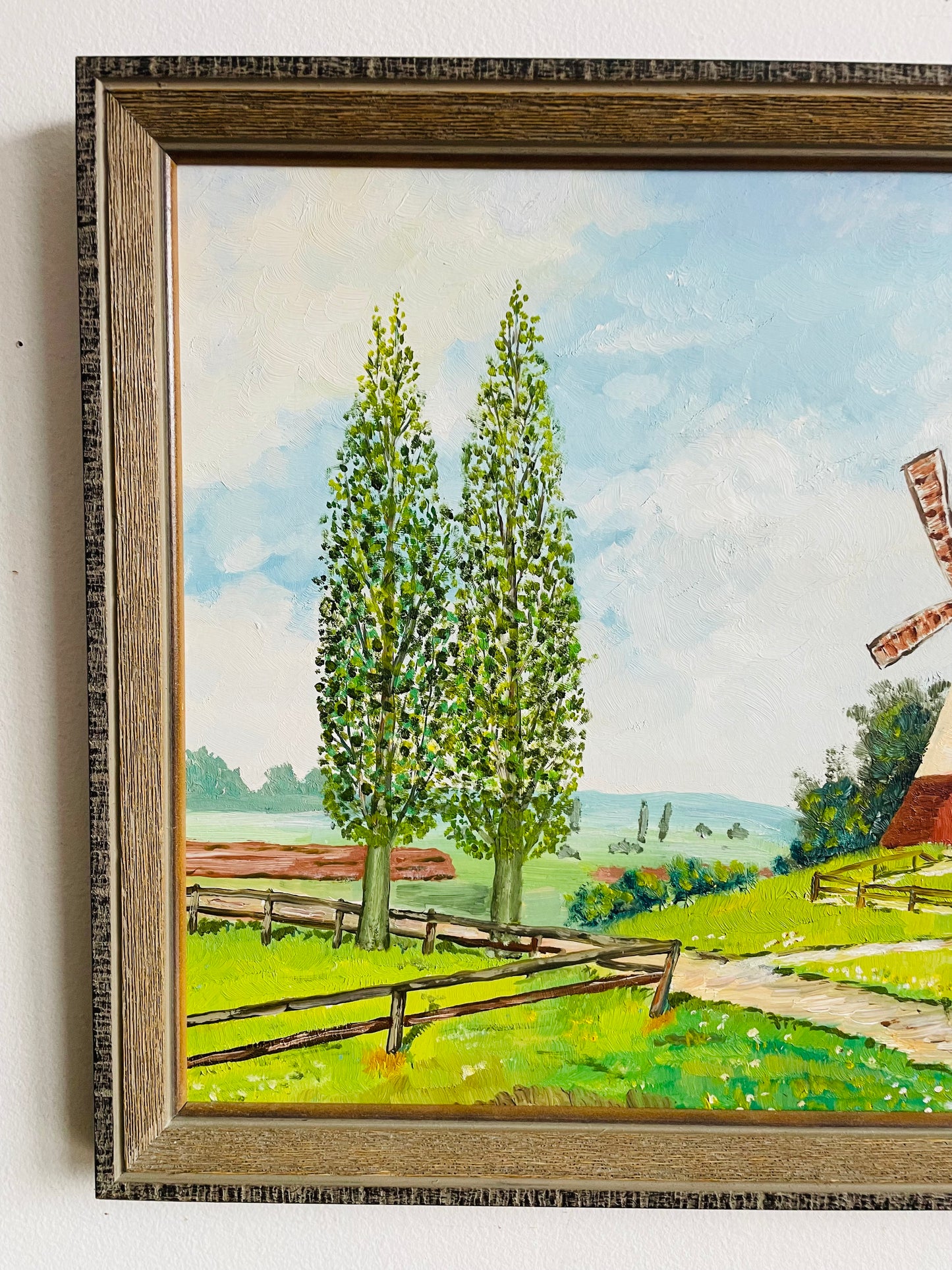 Vintage 1982 Original Art Painting of Dutch Countryside Scene - Green Grass Meadow & Windmill Cottage - Artist Signed