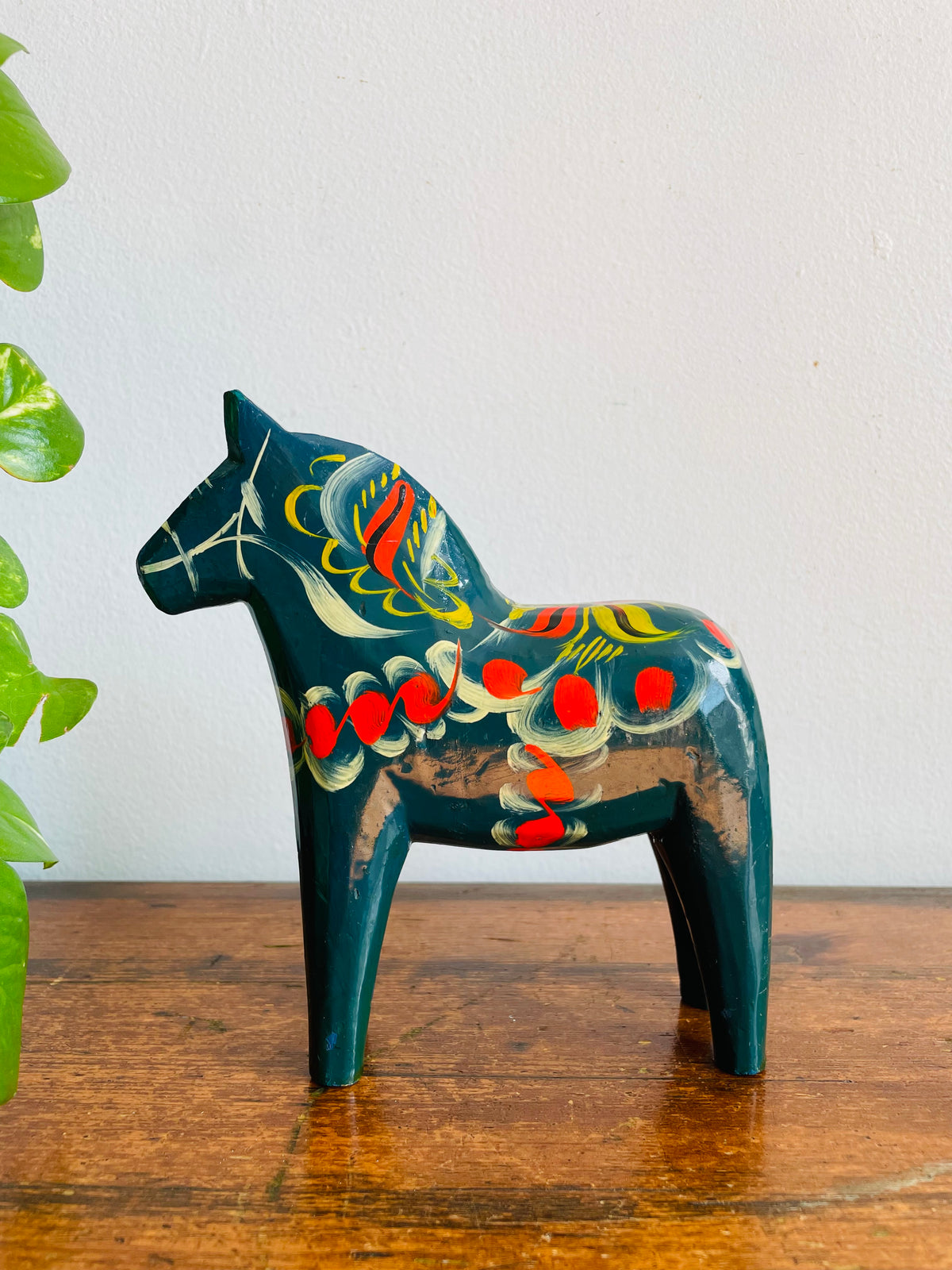 Vintage Swedish Painted Blue & Red Wood Dala Horse Figurine - Nils Olsson Scandinavian Folk Art