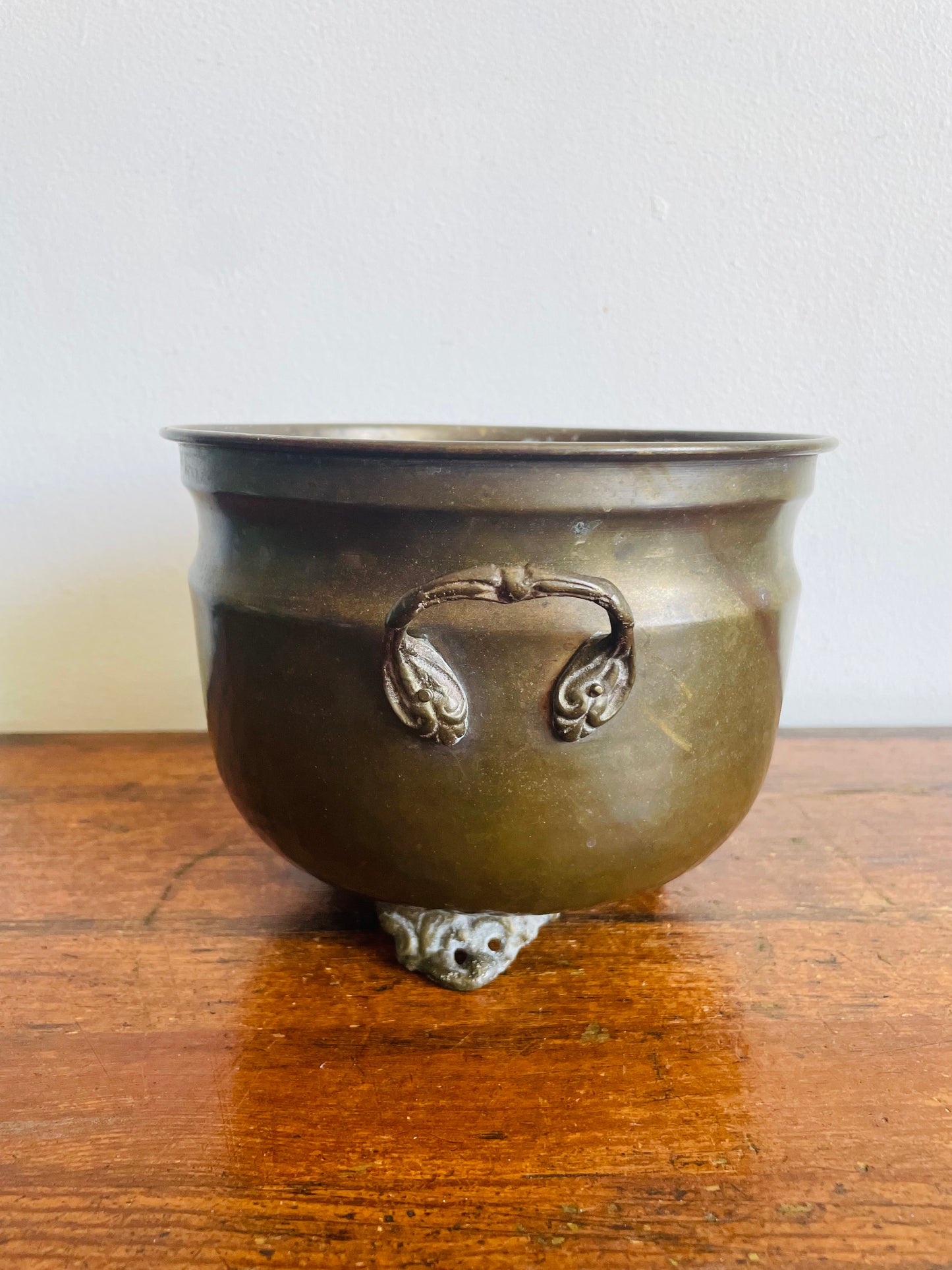 Vintage Solid Brass Footed 7" Planter Pot with Handles & Dark Patina