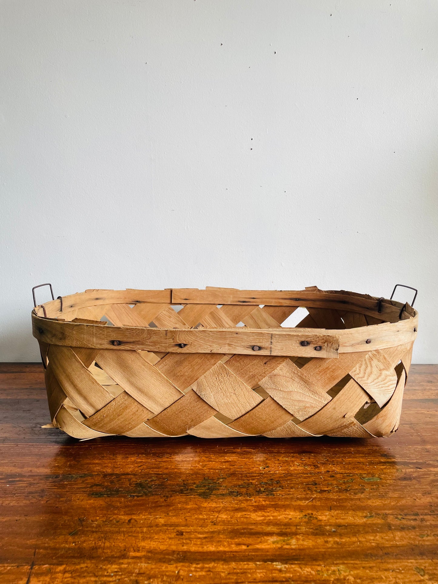Vintage Oval Woven Wood Wide Slat Basket with Metal Handles - Great Storage & Can Hang Too!
