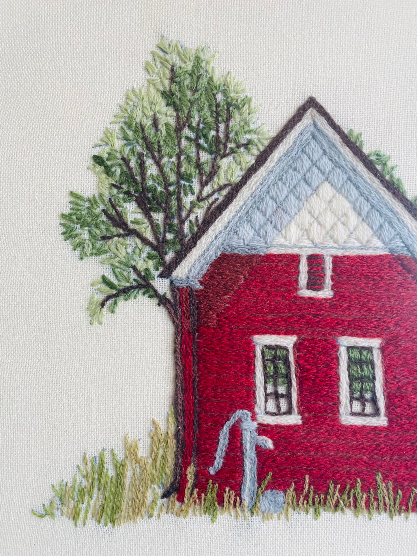 Absolutely Adorable Framed Crewel Needlepoint Embroidery Picture of Red One Room Schoolhouse