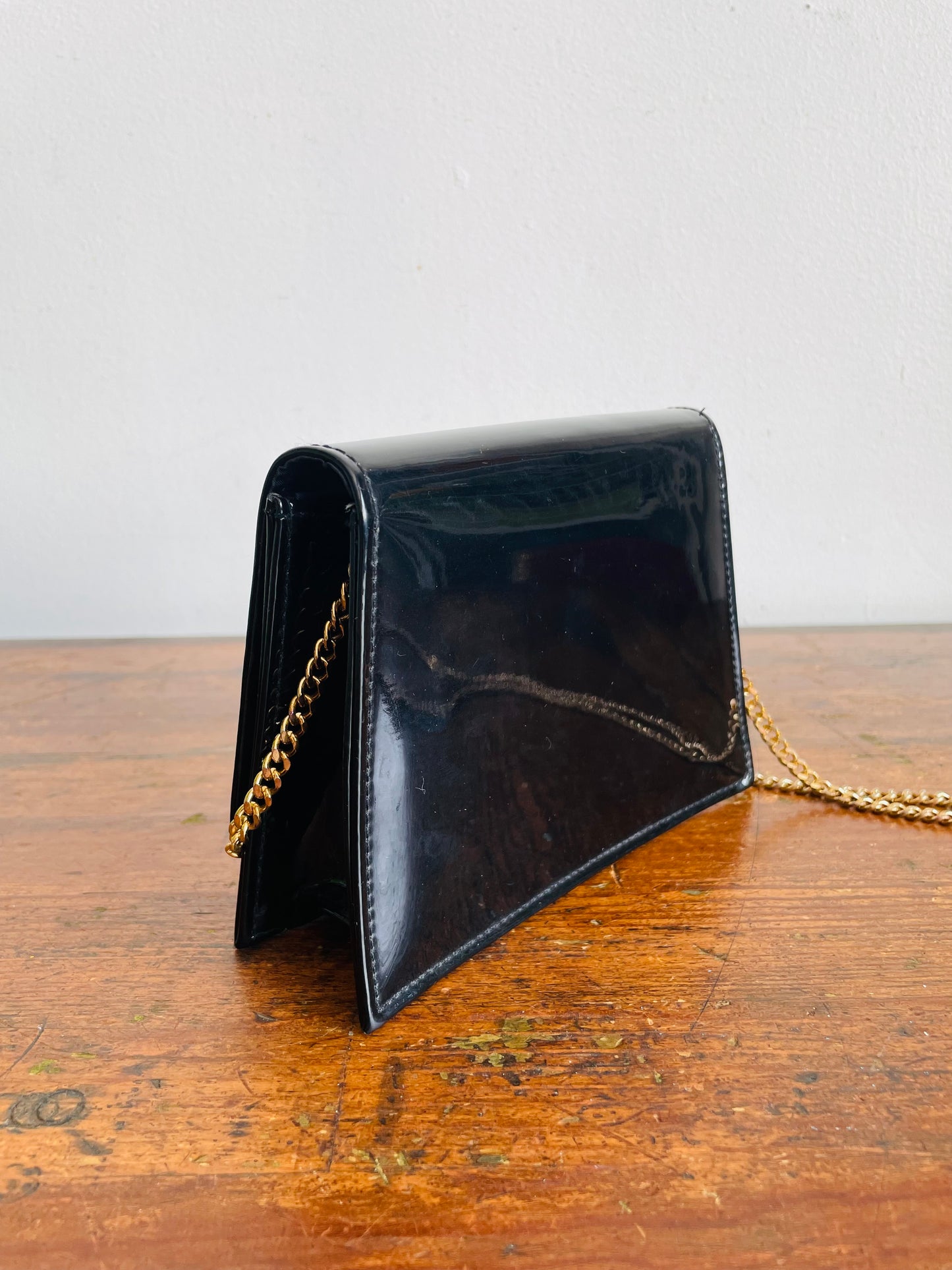 Vintage Little Black Patent Leather Crossbody Clutch Purse on Long Brass Gold Chain