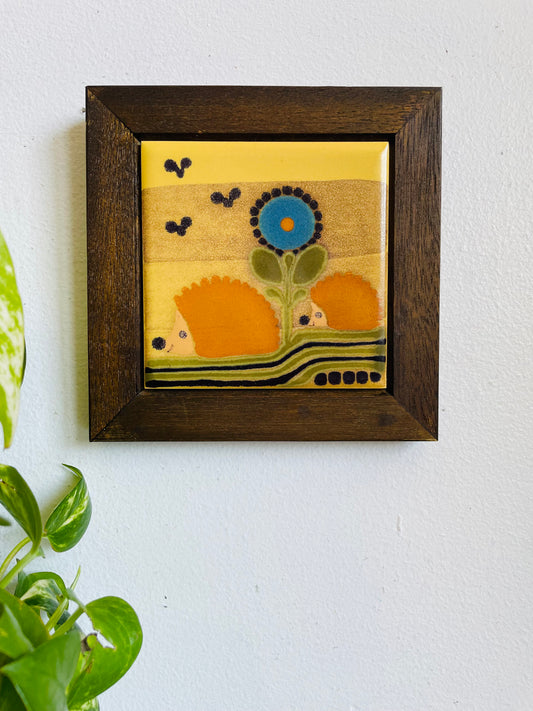 Vintage 1970s KMK Manuell German Hand Painted Studio Art Pottery Wall Hanging Tile Art in Wood Frame with Adorable & Bright Hedgehog & Flower Design