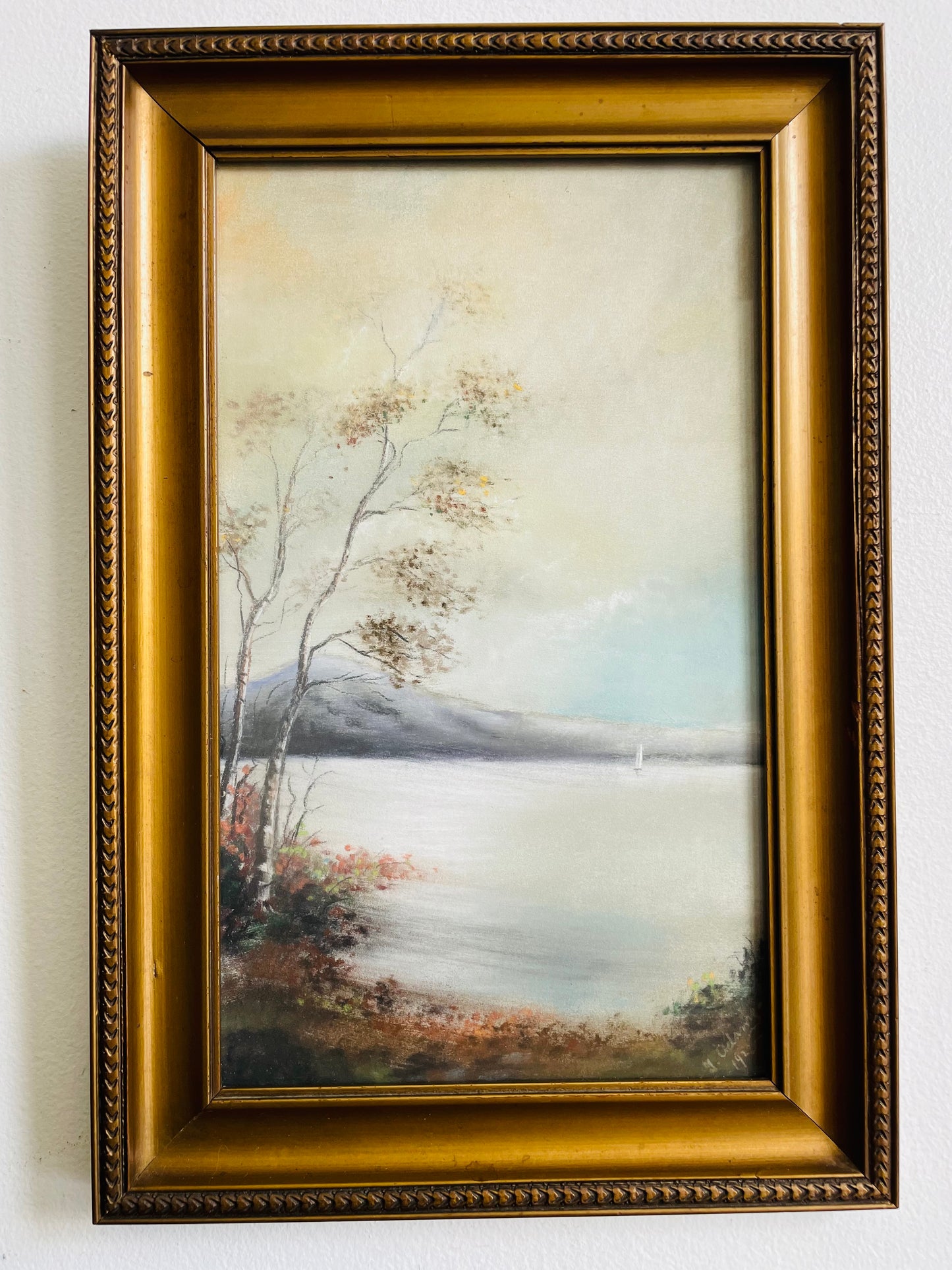 Antique 1922 Original Art Soft Pastel Painting Picture in Gold Frame of Sailboat on Autumn Lake With Mountains - Artist Signed