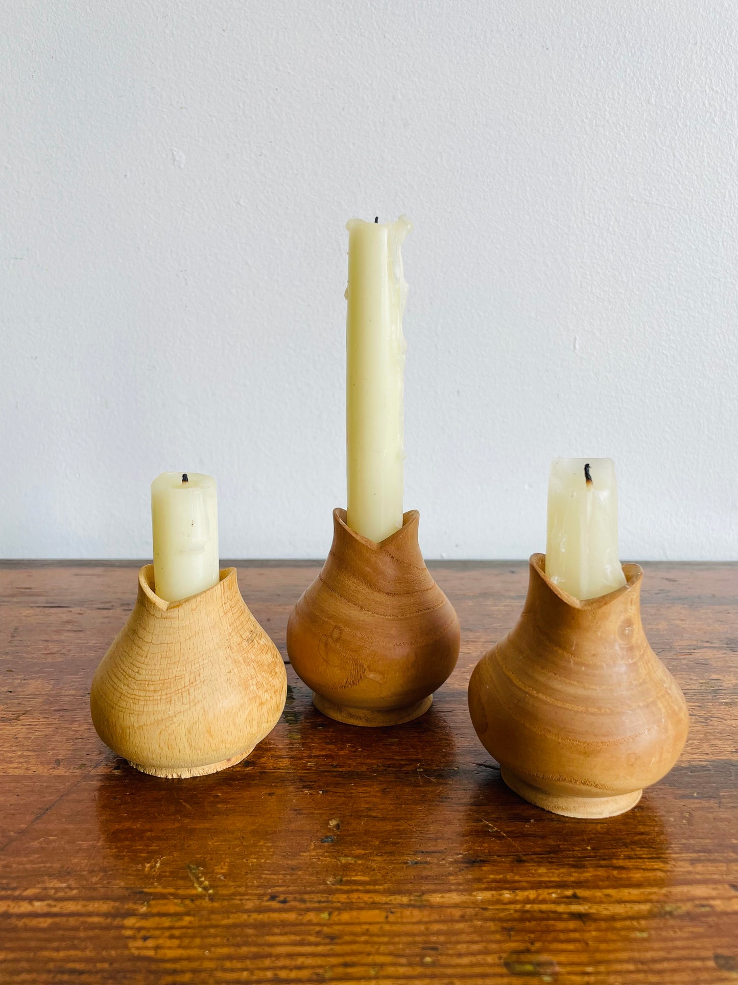 Handmade Wood-Turned Tulip Mouthed Candle Holders or Bud Vases - Artist Signed - Set of 3