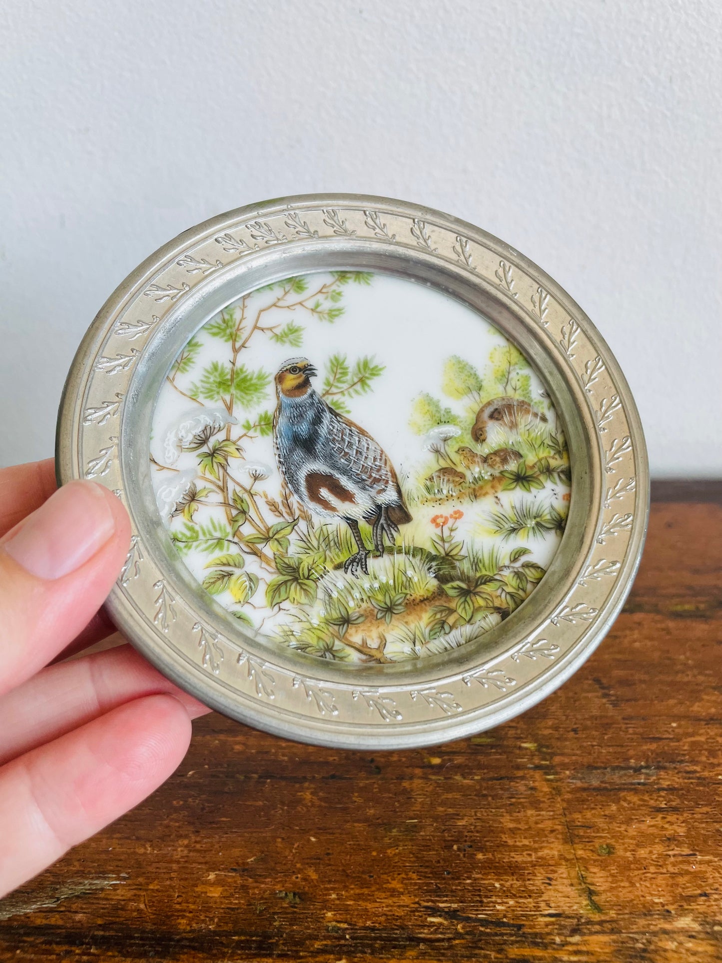 Vintage Kaiser West Germany Porcelain & Pewter Coaster, Trinket Dish, or Wall Hanging Picture with Quail Bird Design - Includes Optional Wall Hanging Hook