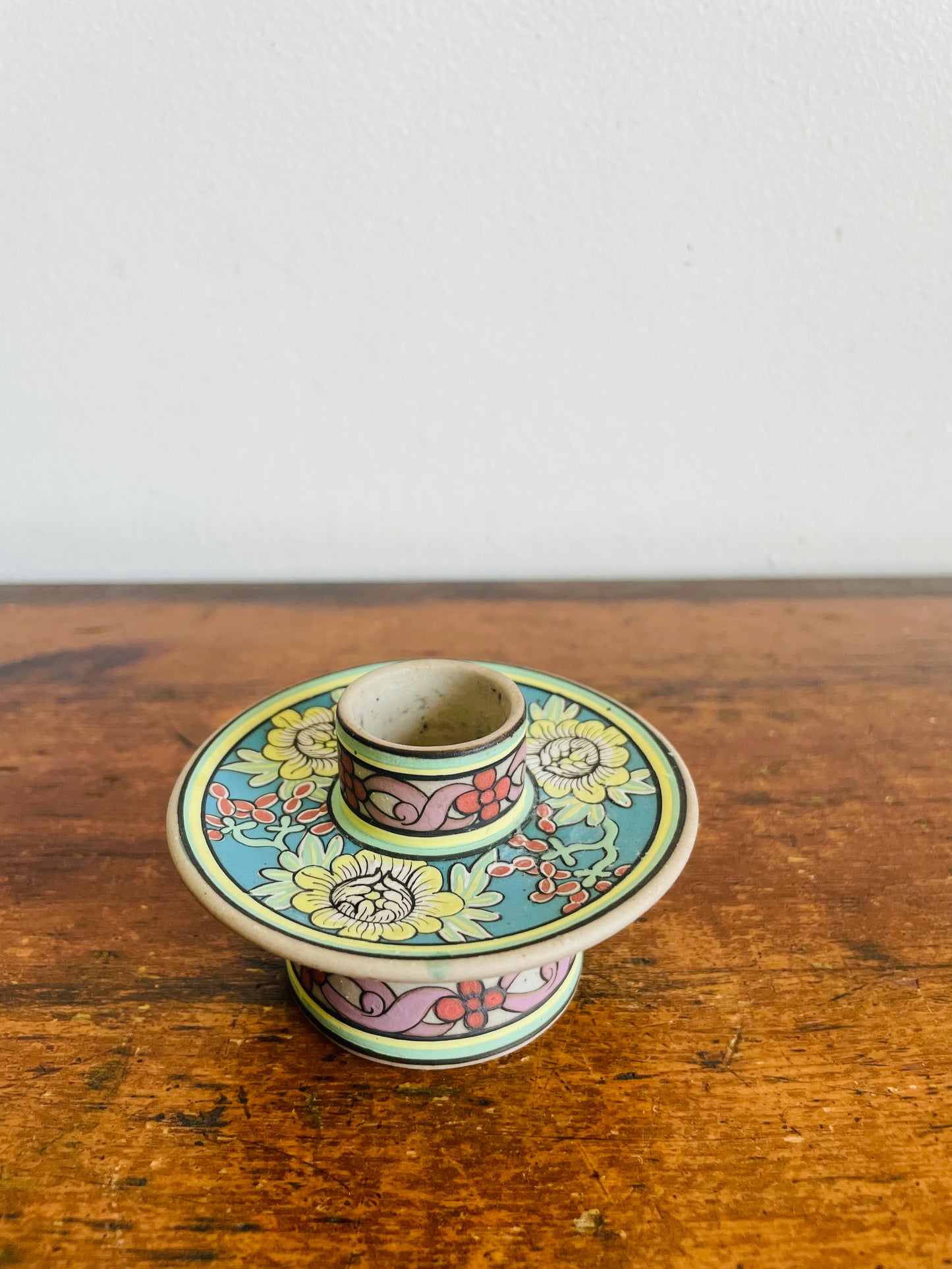 Vintage Baan Celadon Chiang Mai Pottery Candle Holder with Beautiful Flower Design - Made in Thailand