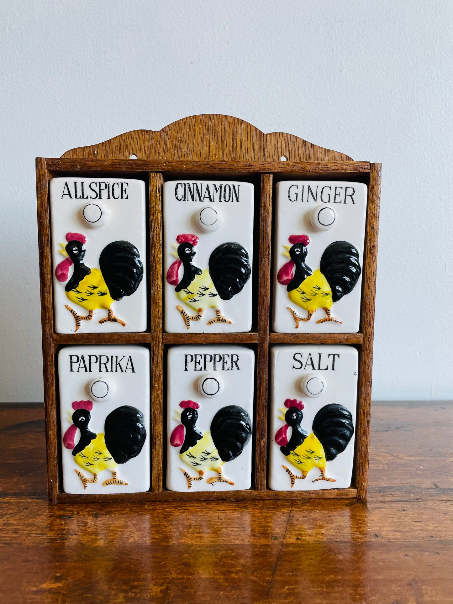 1950s Wall Mounted Spice Rack with Rooster Ceramic Jars - Made in Japan