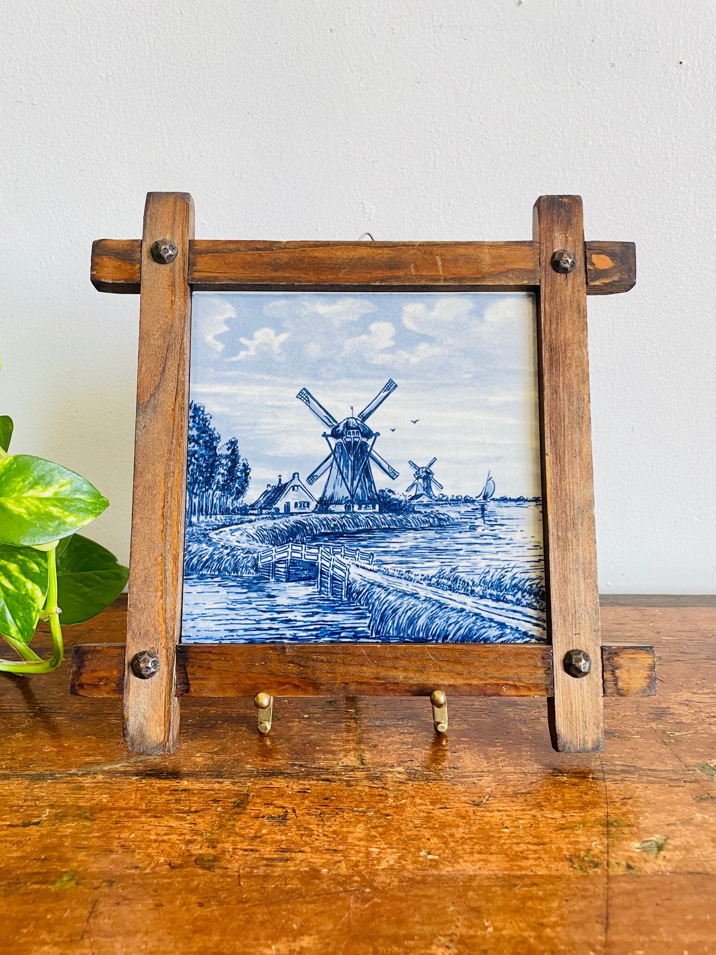 Vintage Delft Blue Hand-Painted Dutch Windmill Scene Wall Hanging Tile in Wood Frame - Made in Holland