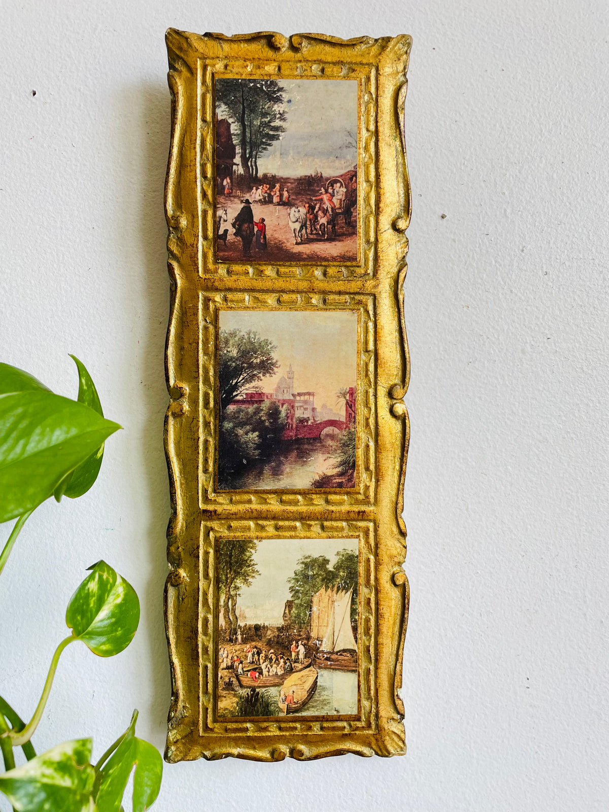 Vintage Italian Florentine Gold-Gilt Triple Landscape Wall Plaque Picture with European Art Print Scenes