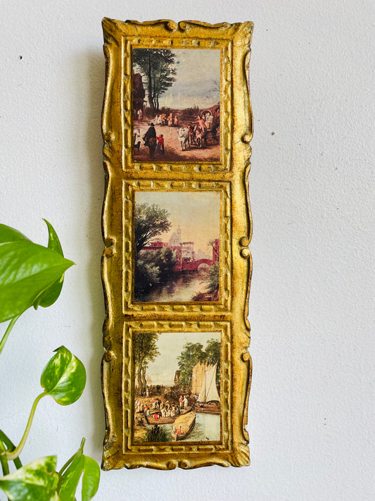 Vintage Italian Florentine Gold-Gilt Triple Landscape Wall Plaque Picture with European Art Print Scenes