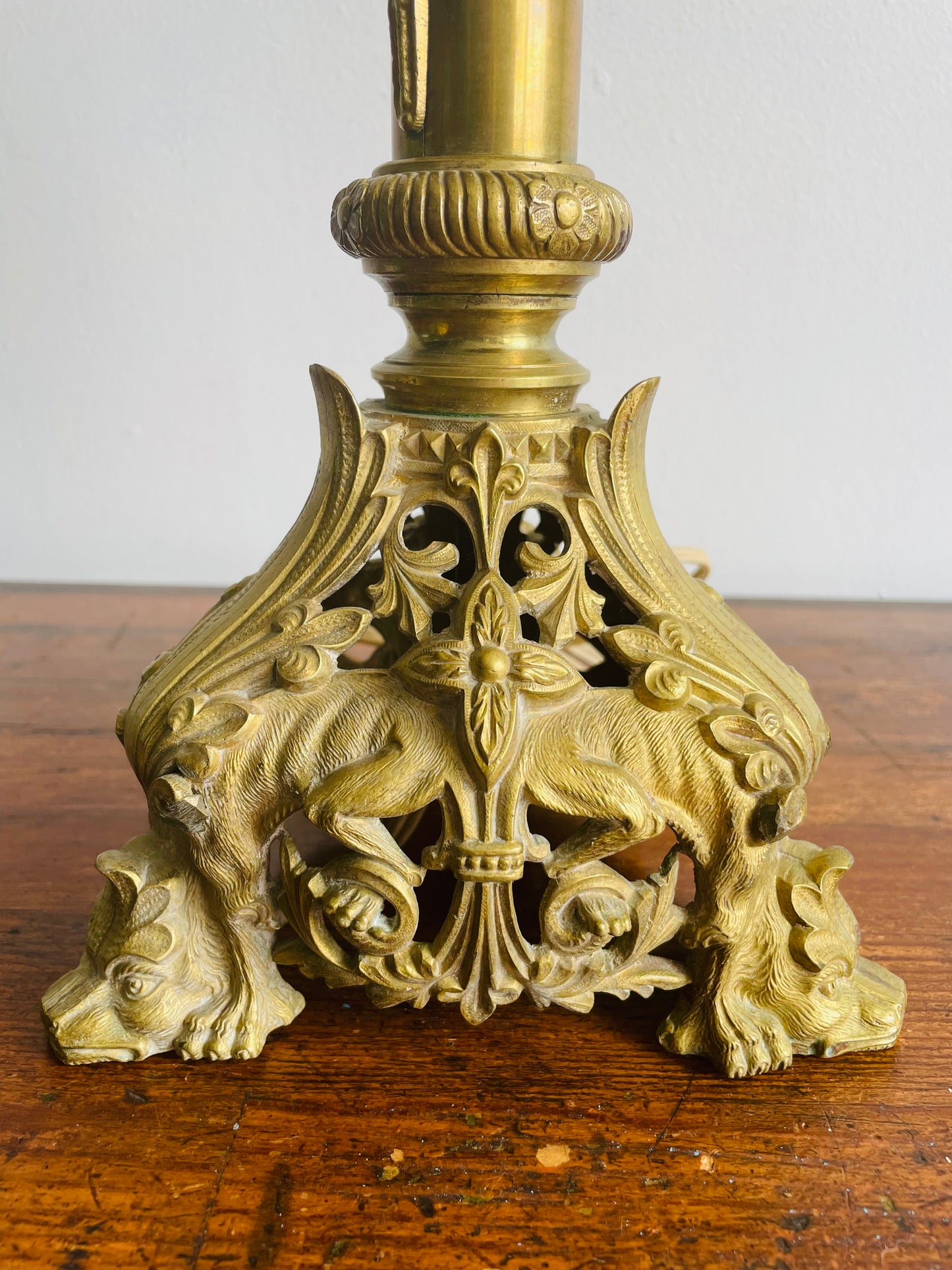 Antique Heavy Solid Brass Church Altar Candle Holder Turned Into Lamp - Originally from Montreal