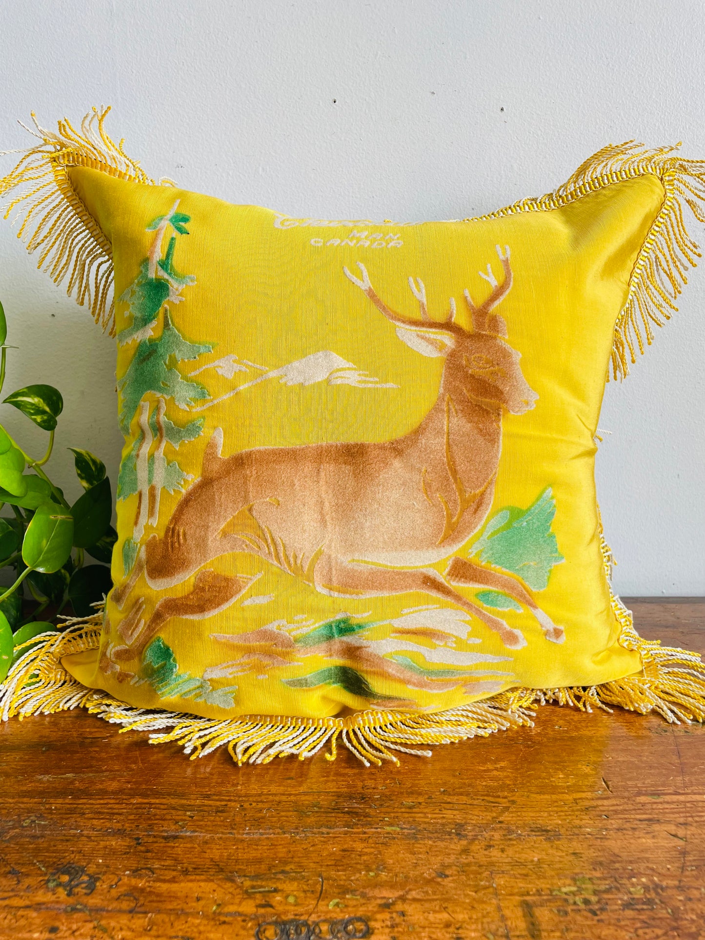 Vintage 1940s WW2 Churchill Manitoba Canada Navy Blue & Yellow Souvenir Throw Pillow Cushion Cover with Velvet Deer in Forest Design & Fringe - Pillowcase Only