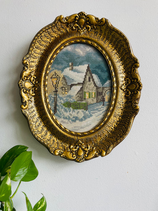 Needlepoint Embroidery Picture of Winter Night & House Scene in Ornate Gold Frame