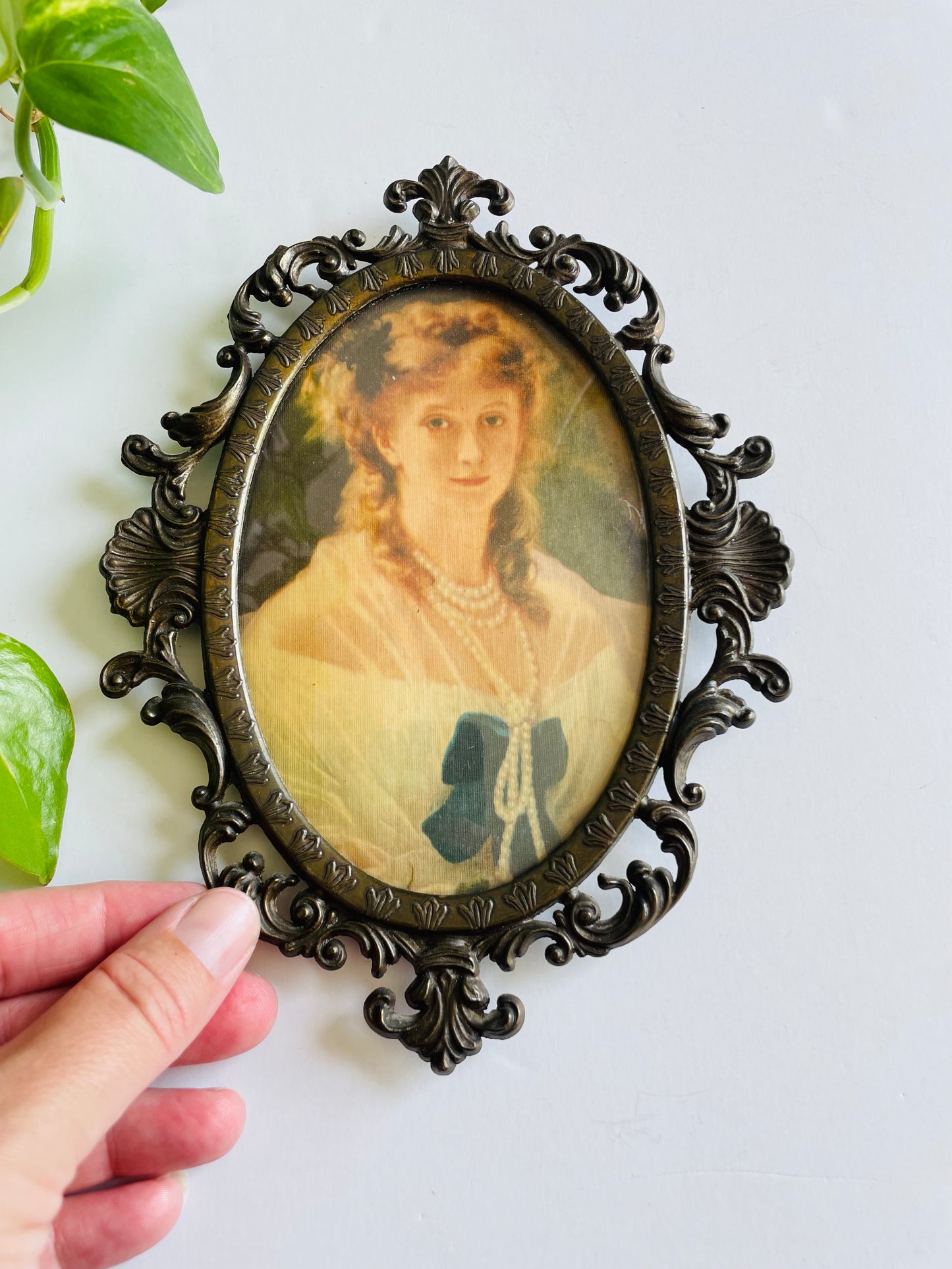 Vintage Oval Ornate Brass Picture Frame with Print of Woman Behind Convex Bubble Glass - Wall Hook for Hanging