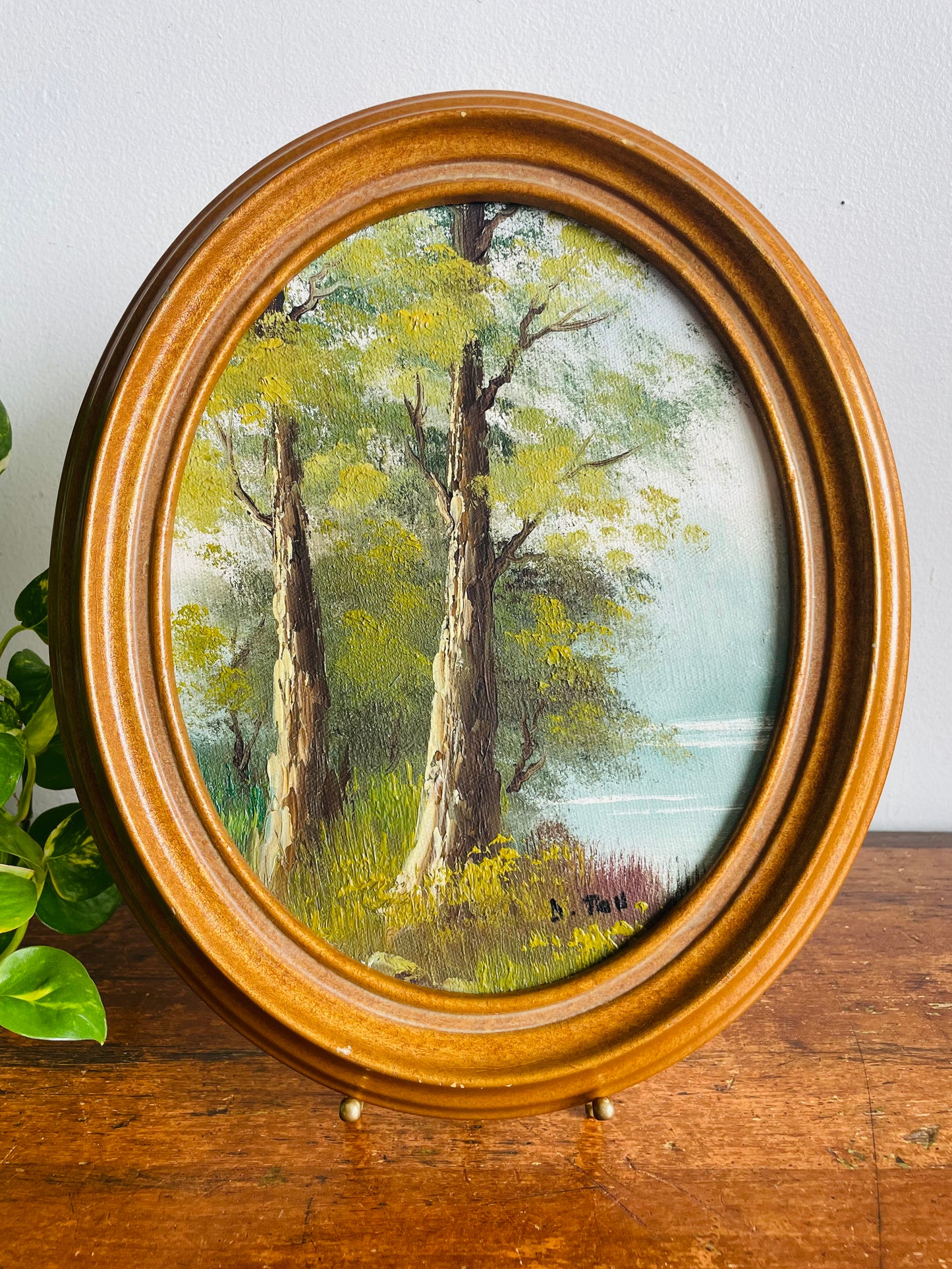 Vintage Original Art Painting of Tree Forest Scene Beside Lake in Oval Frame - Artist Signed