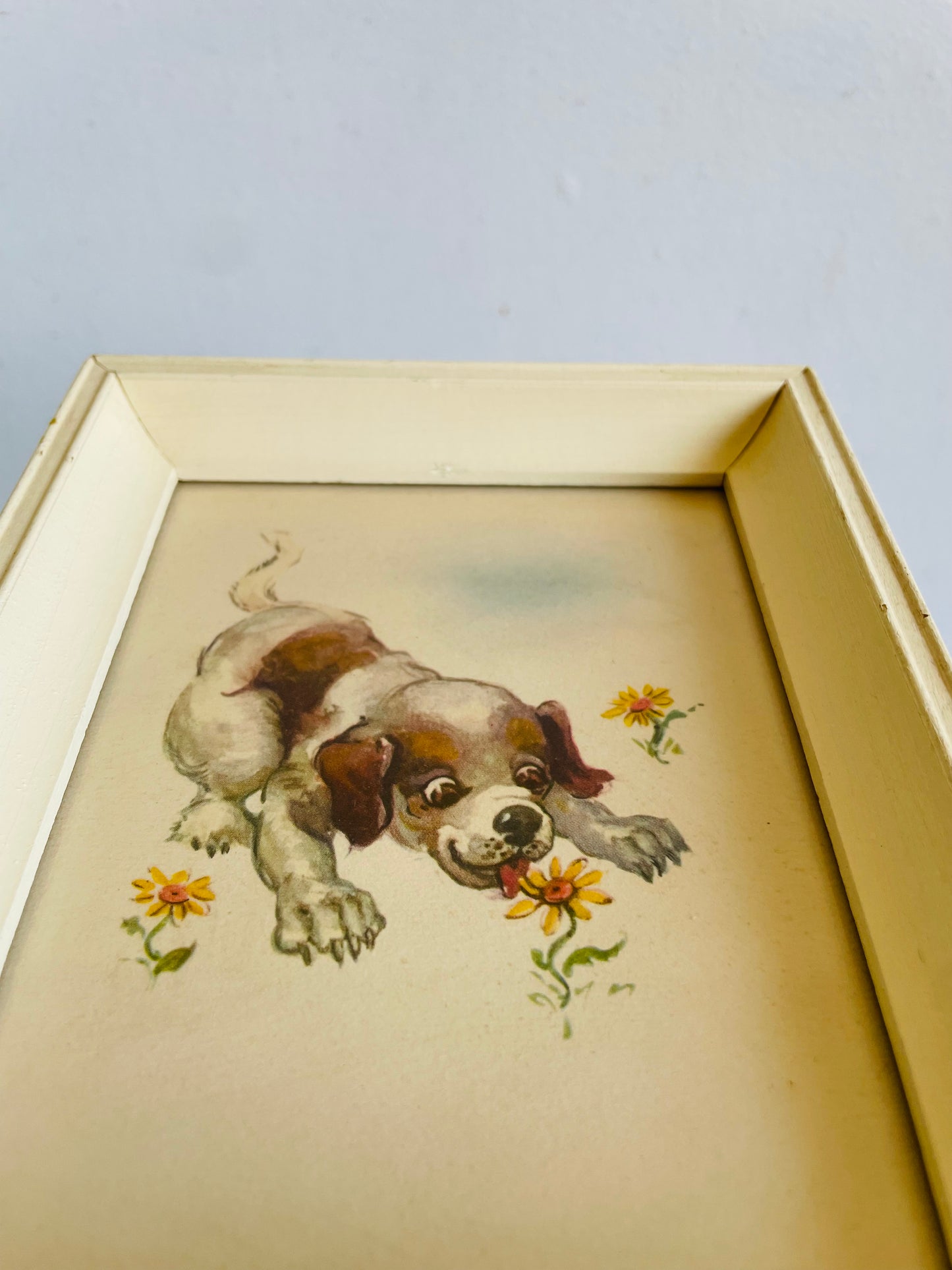 Vintage Adorable & Sweet Puppy Dog Print Pictures in Cream Frames - Set of 2