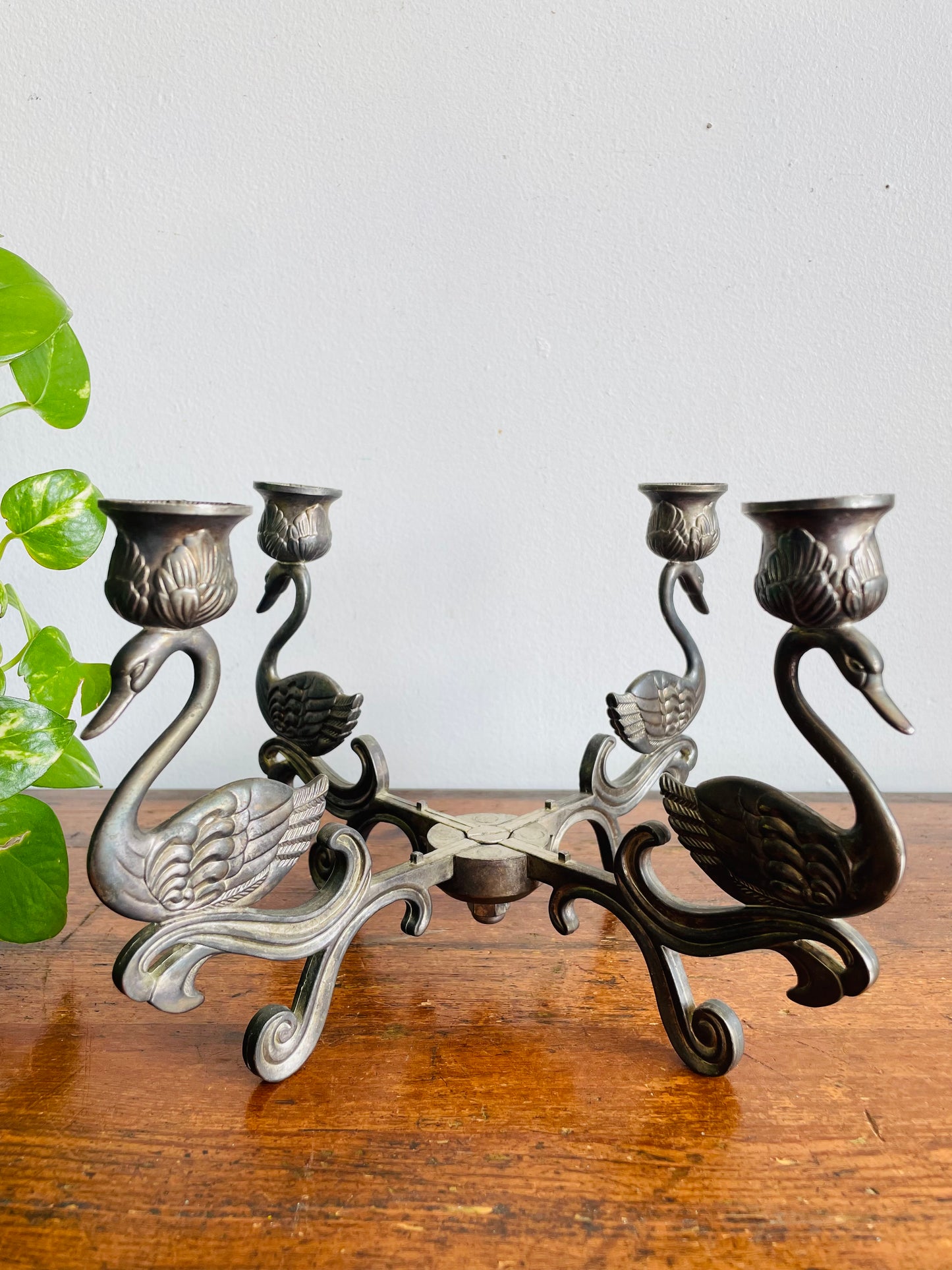 Vintage 1980s Art Deco Style Swimming Swan Birds Silver Plate Candelabra - 4 Point Candle Holder with Centrepiece Bowl Space
