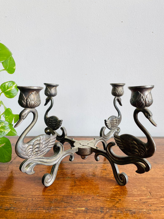 Vintage 1980s Art Deco Style Swimming Swan Birds Silver Plate Candelabra - 4 Point Candle Holder with Centrepiece Bowl Space