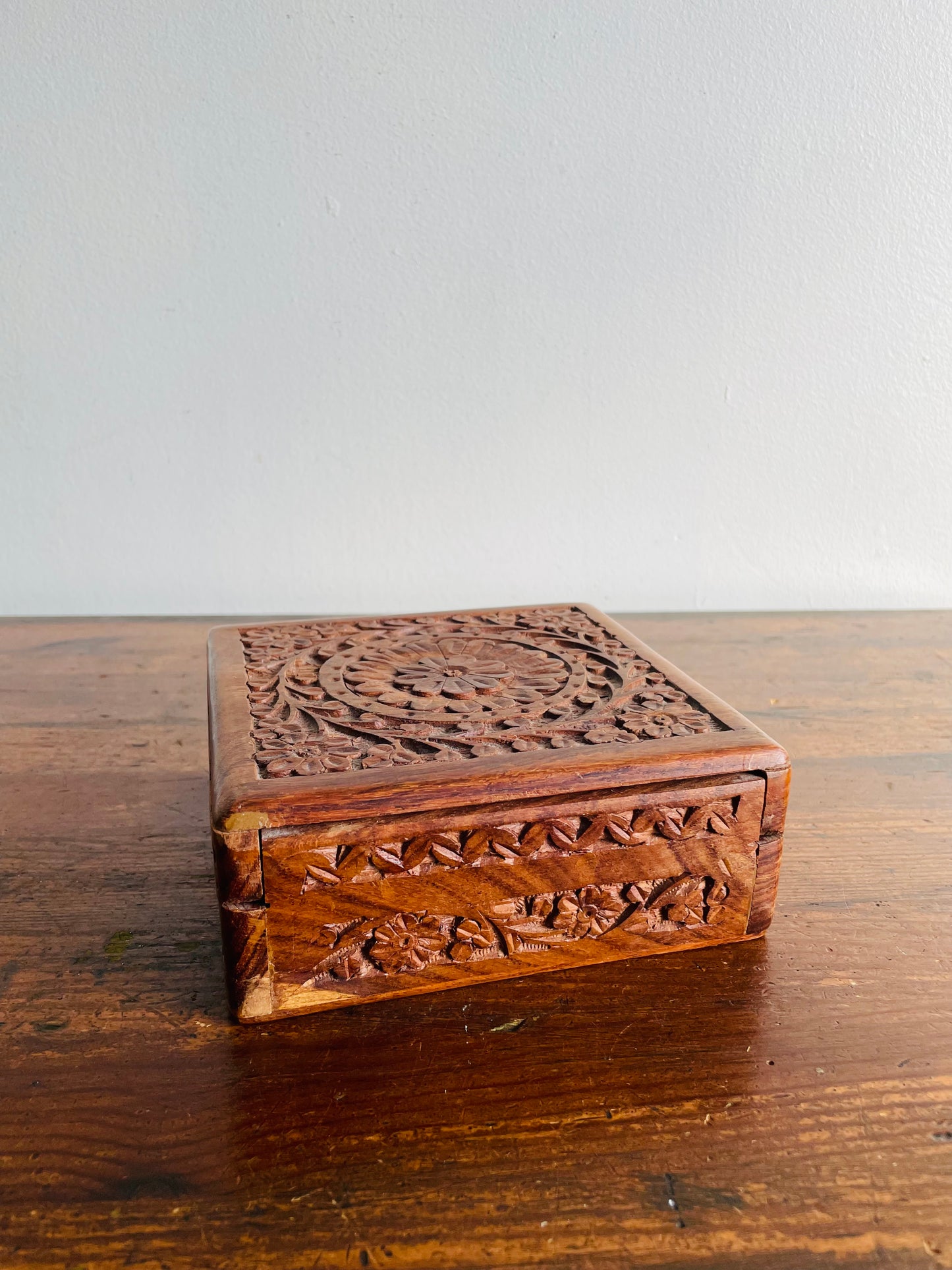 Square Indian Rosewood Box with Hinged Lid & Ornate Carved Flower Design