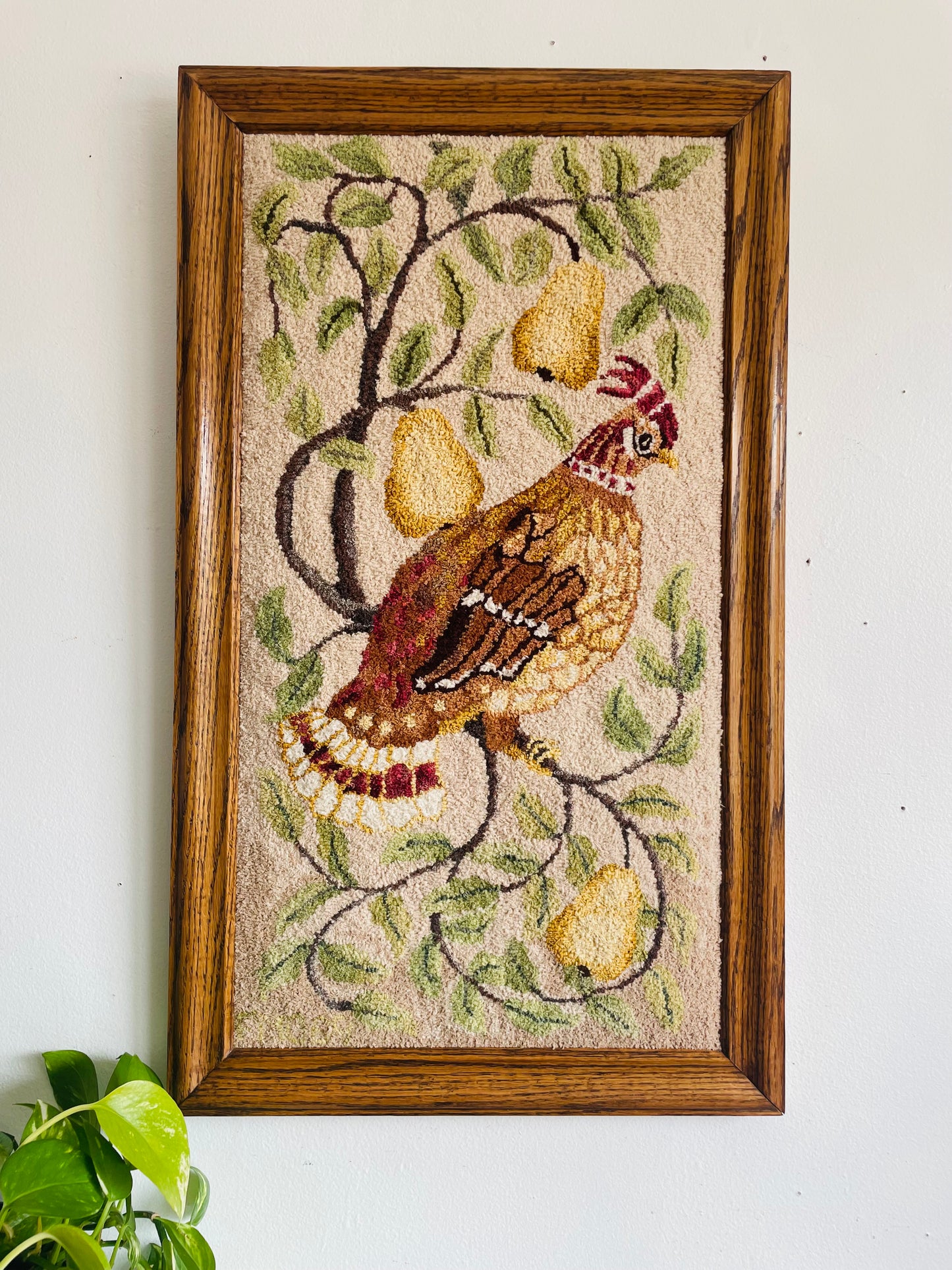 Vintage Stunning Partridge Bird in a Pear Tree Handmade Rug Hooking in Solid Wood Frame - No Shipping