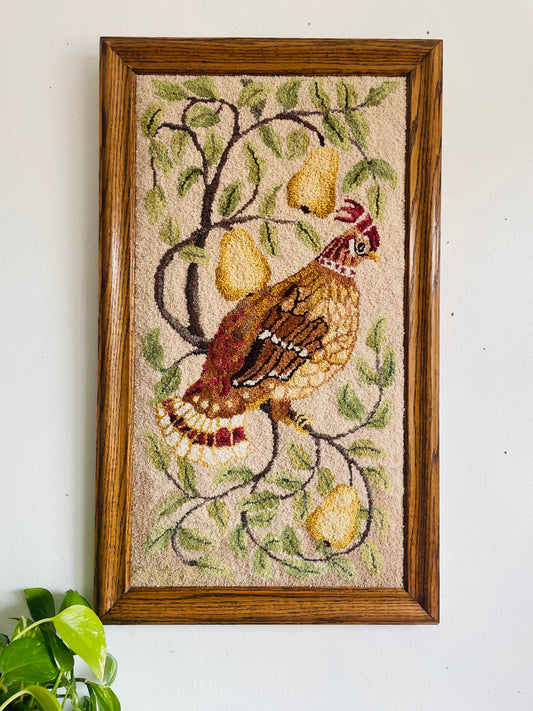 Vintage Stunning Partridge Bird in a Pear Tree Handmade Rug Hooking in Solid Wood Frame - No Shipping
