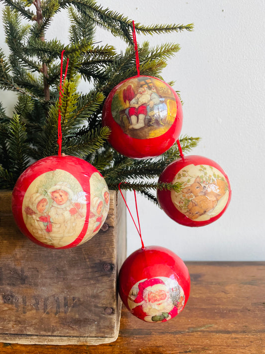 Vintage Collection of Handmade Decoupage Ornaments with Adorable Illustrations - Set of 4 - Deer, Children, Santa