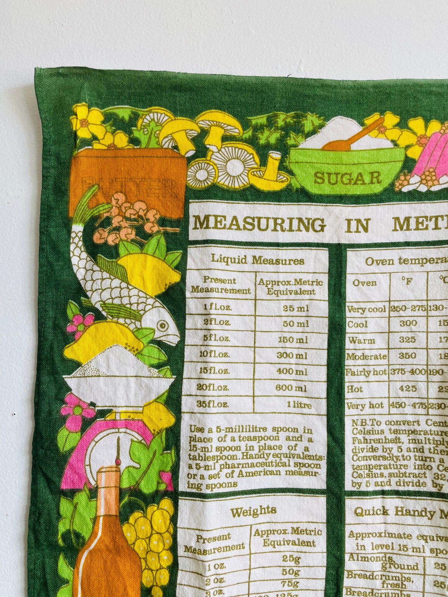 Vintage Irish Linen Tea Towel with Measuring In Metrics Guide & Adorable Bright Graphics - Old Bleach Made in Ireland