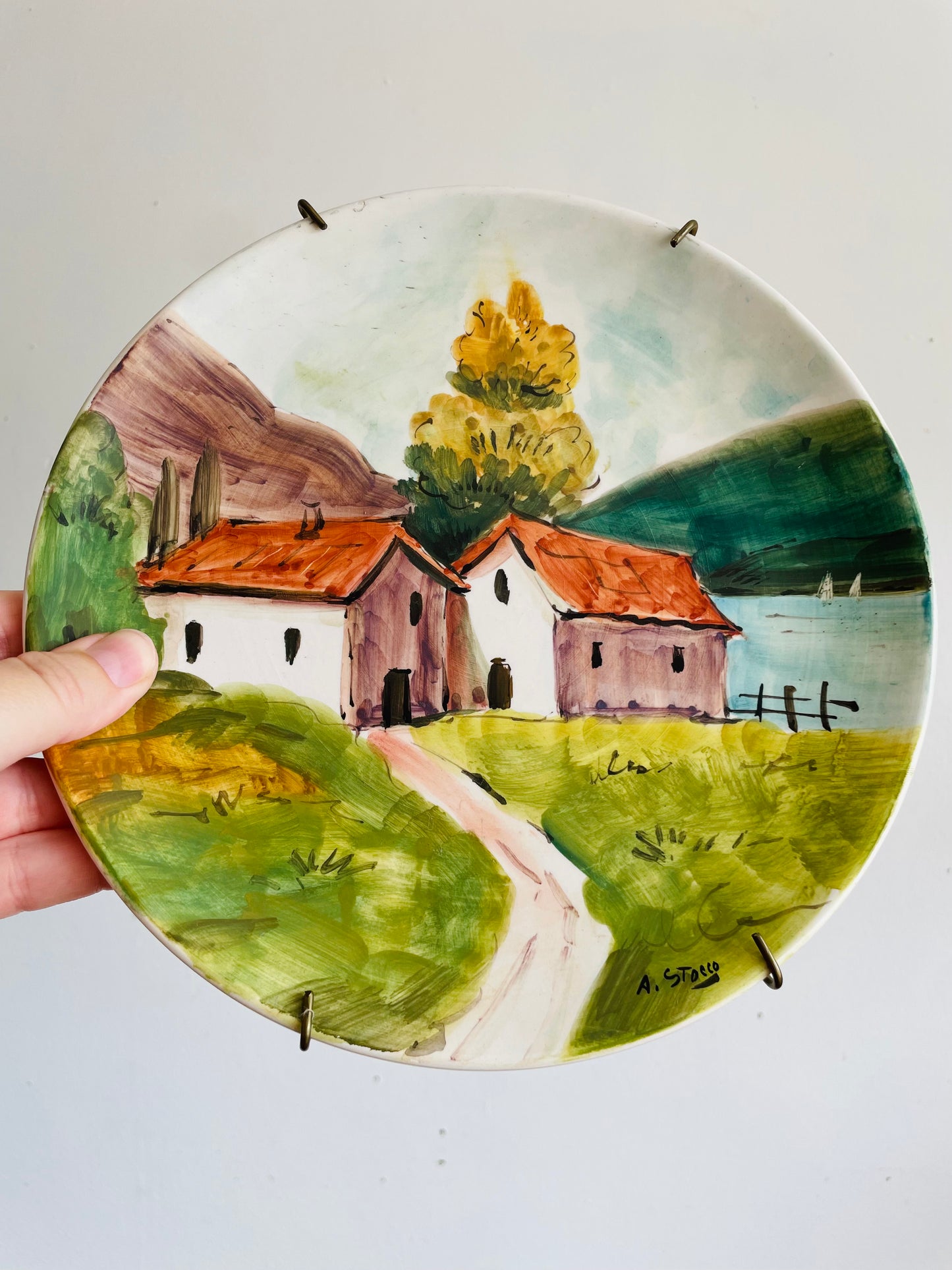 Vintage Hand Painted Wall Hanging Plate with Country Houses Beside Lake & Mountains Scene - A. Stocco Italy