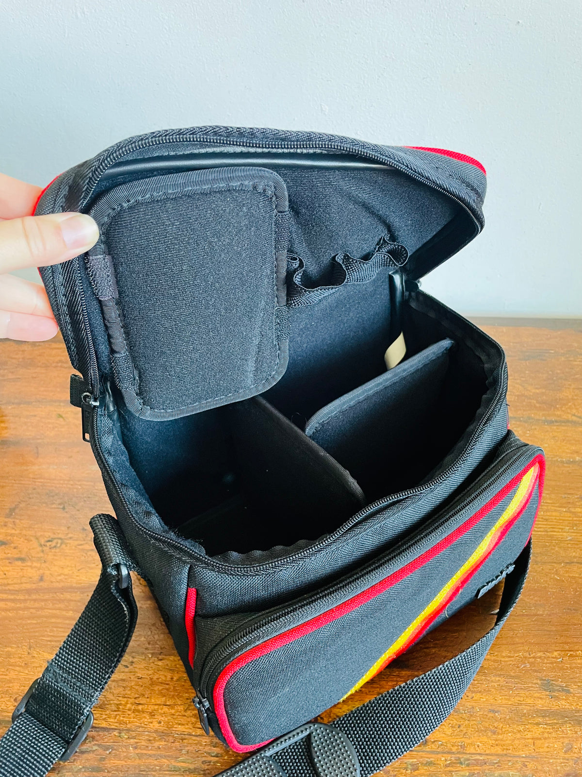 Vintage Black's Photography Camera Shoulder Bag Case with Yellow, Orange & Red Rainbow Stripe Design & Multiple Pockets - Made in Taiwan