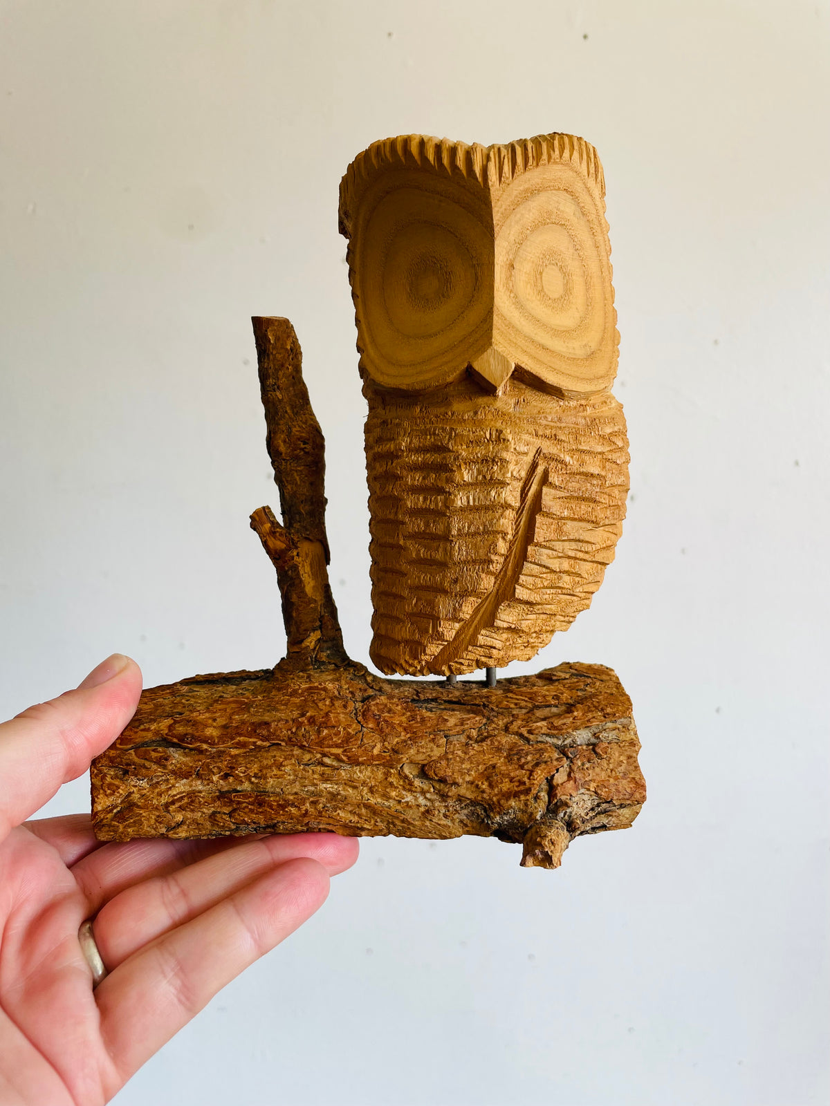 Vintage Hand-Carved Wood Owl Bird on Natural Branch Base - Signed by Canadian Woodcarving Artist Norman Peterson - Made in Canada