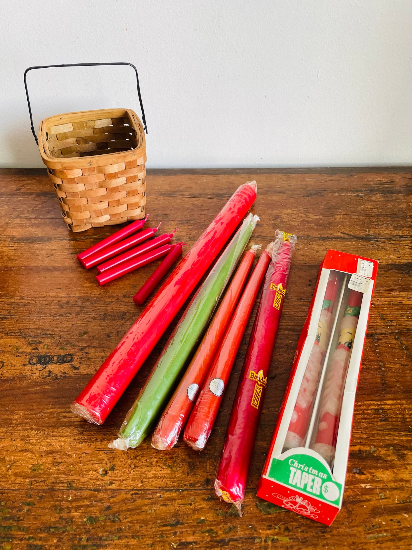 Brand New Vintage Collection of Christmas Candles in Wicker Basket - Assorted Sizes & Shapes, Red & Green - Includes Santa Face Candles in Original Box - Set of 12 Candles + Basket