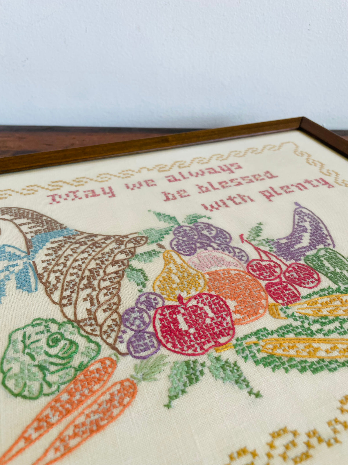 Vintage 1969 Cross Stitch Embroidery Picture - May We Always Be Blessed With Plenty - Made By “Granny Stebbel” at 80 Years Old