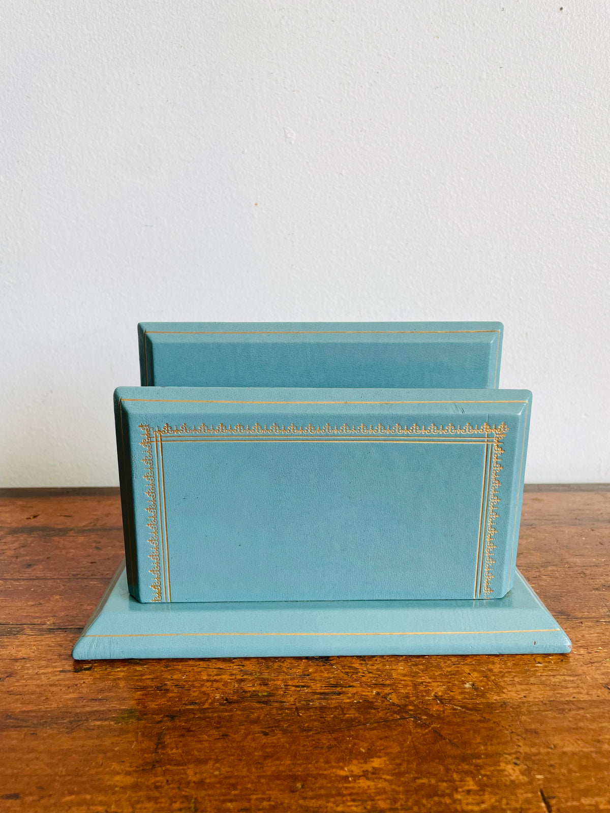 Vintage C.P. Leathercrafts New York Blue & Gold Leather Office Desk Organizer / Mail Letter Card Holder