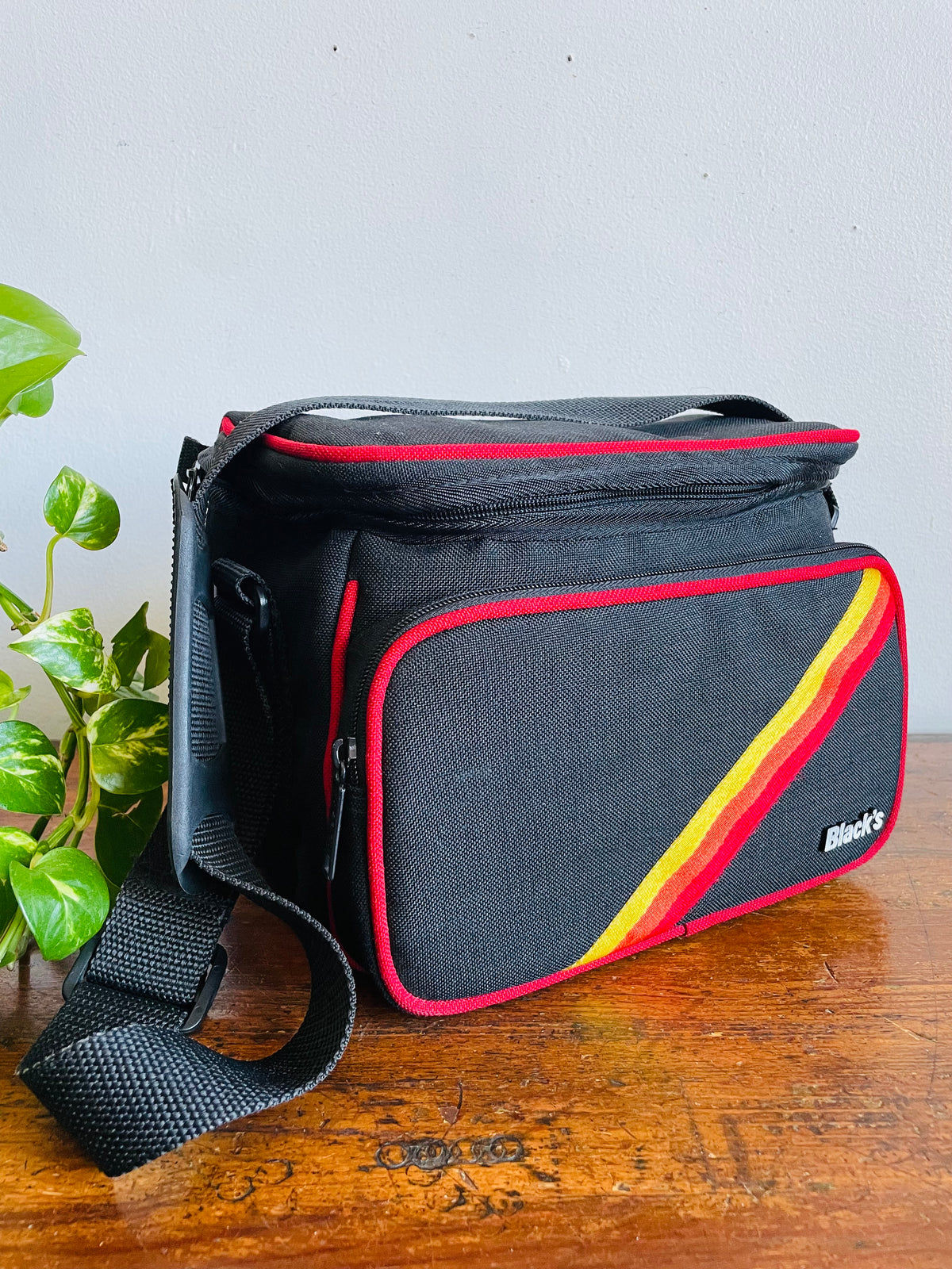 Vintage Black's Photography Camera Shoulder Bag Case with Yellow, Orange & Red Rainbow Stripe Design & Multiple Pockets - Made in Taiwan
