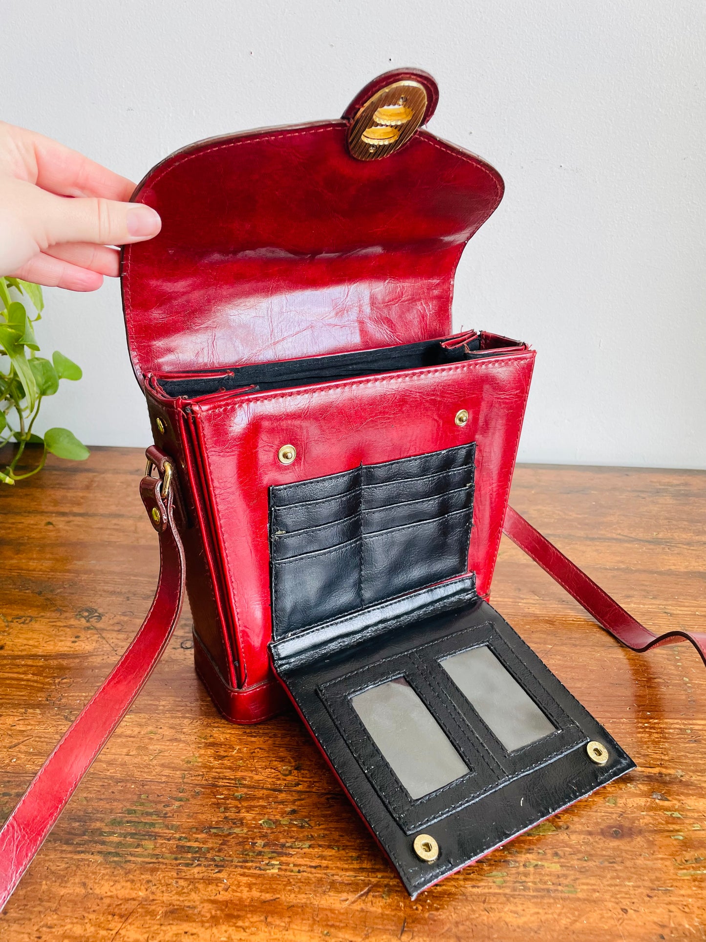 Vintage Marchino Burgundy Colour Crossbody Strap Purse with Brass Gold Hardware