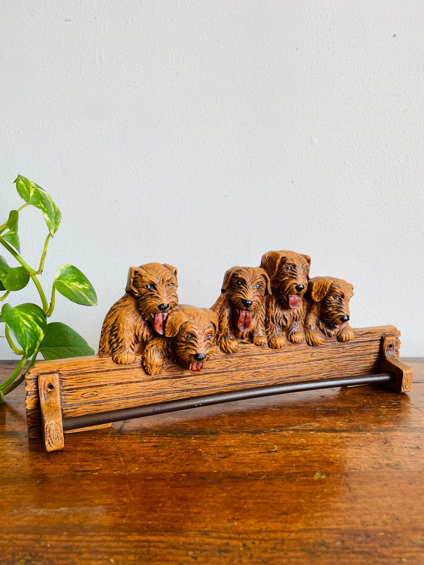 Vintage Resin & Wood Wall Mount Rack Hanger with Adorable Puppy Dog Design - Great for Towels, Scarves, Belts, Necklaces, Etc.