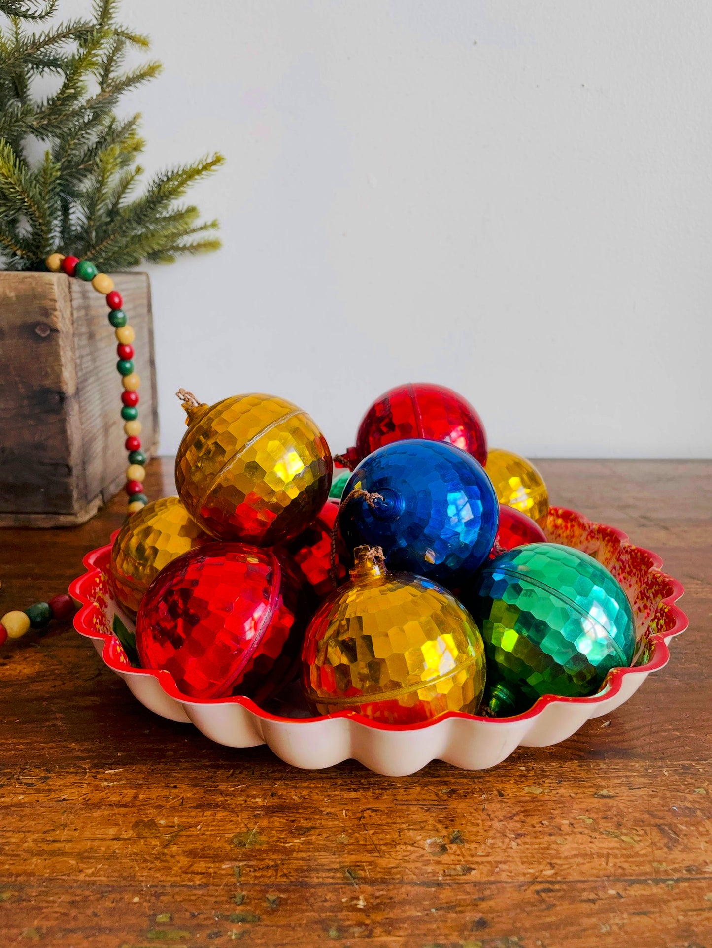 Vintage Collection of 12 Plastic Mid-Century Modern MCM Mirrored Metallic Disco Ball Christmas Ornaments & Round Santa Face Bowl with Scalloped Edges