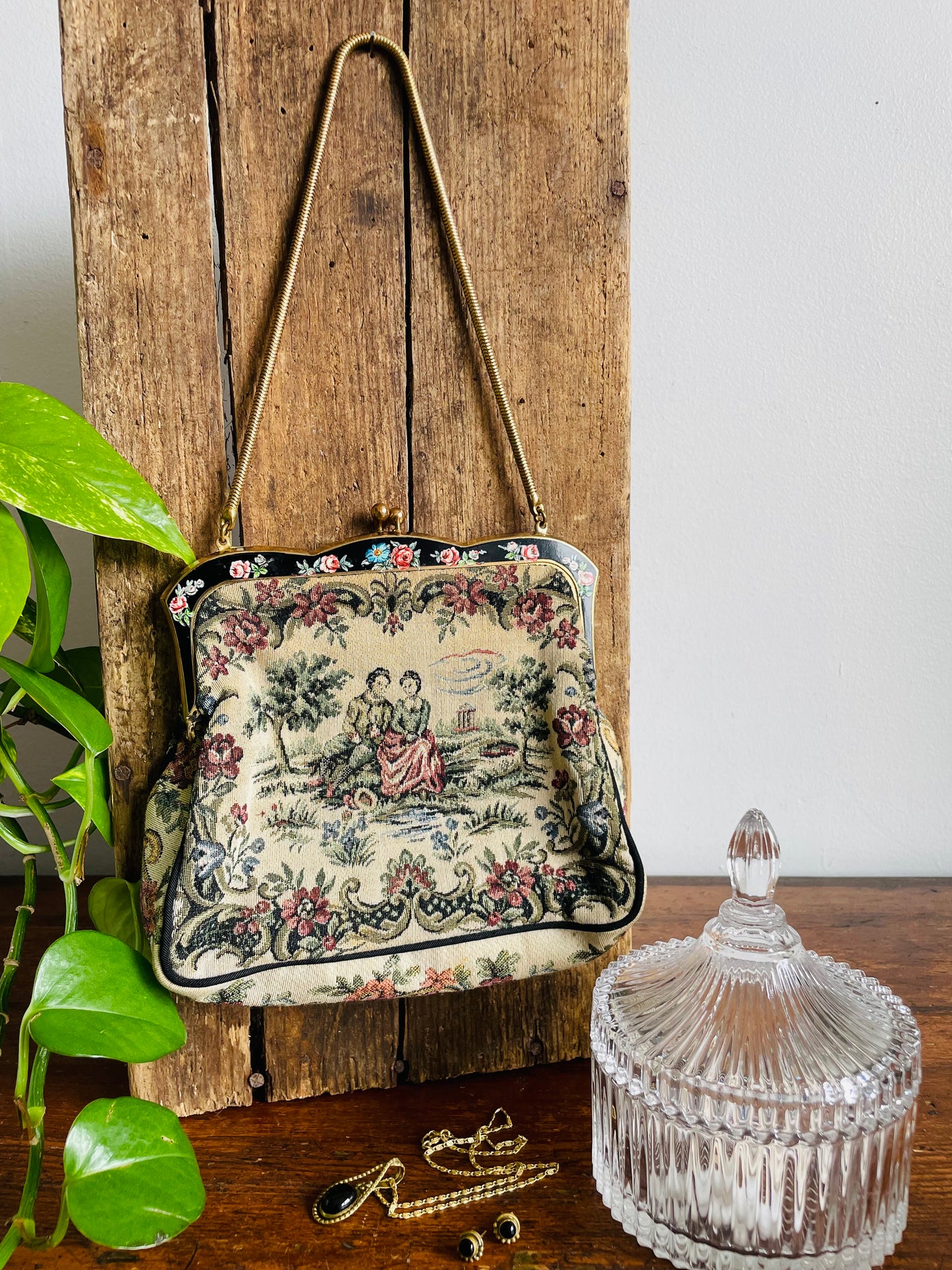 La Marquise Romantic French Tapestry Evening Bag Purse on Brass Chain