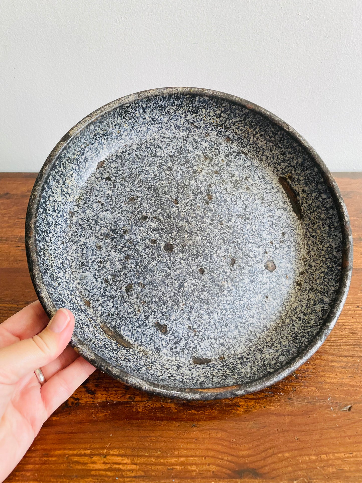 Pair of Graniteware Enamelware Pie Dishes or Plates - Speckled White & Blue - Set of 2