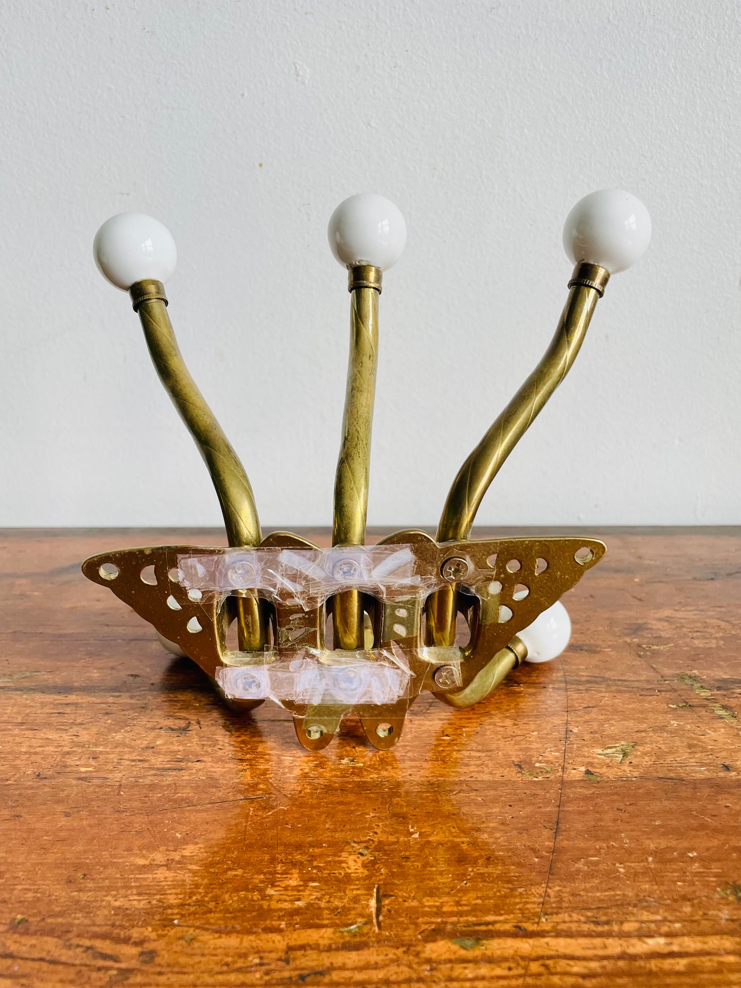Vintage Brass & Ceramic Butterfly Wall Hook Hanger with 6 Hooks & Hanging Hardware - As Is