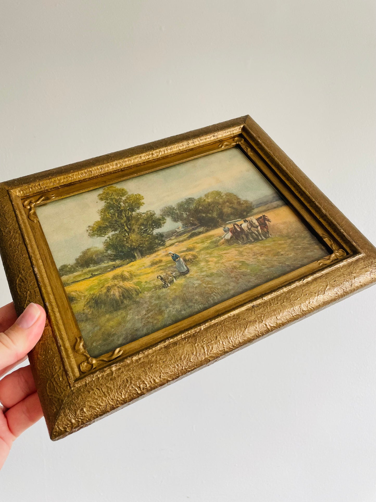 Framed Country Scene Print of People in Wheat Field with Dog & Plough Horses