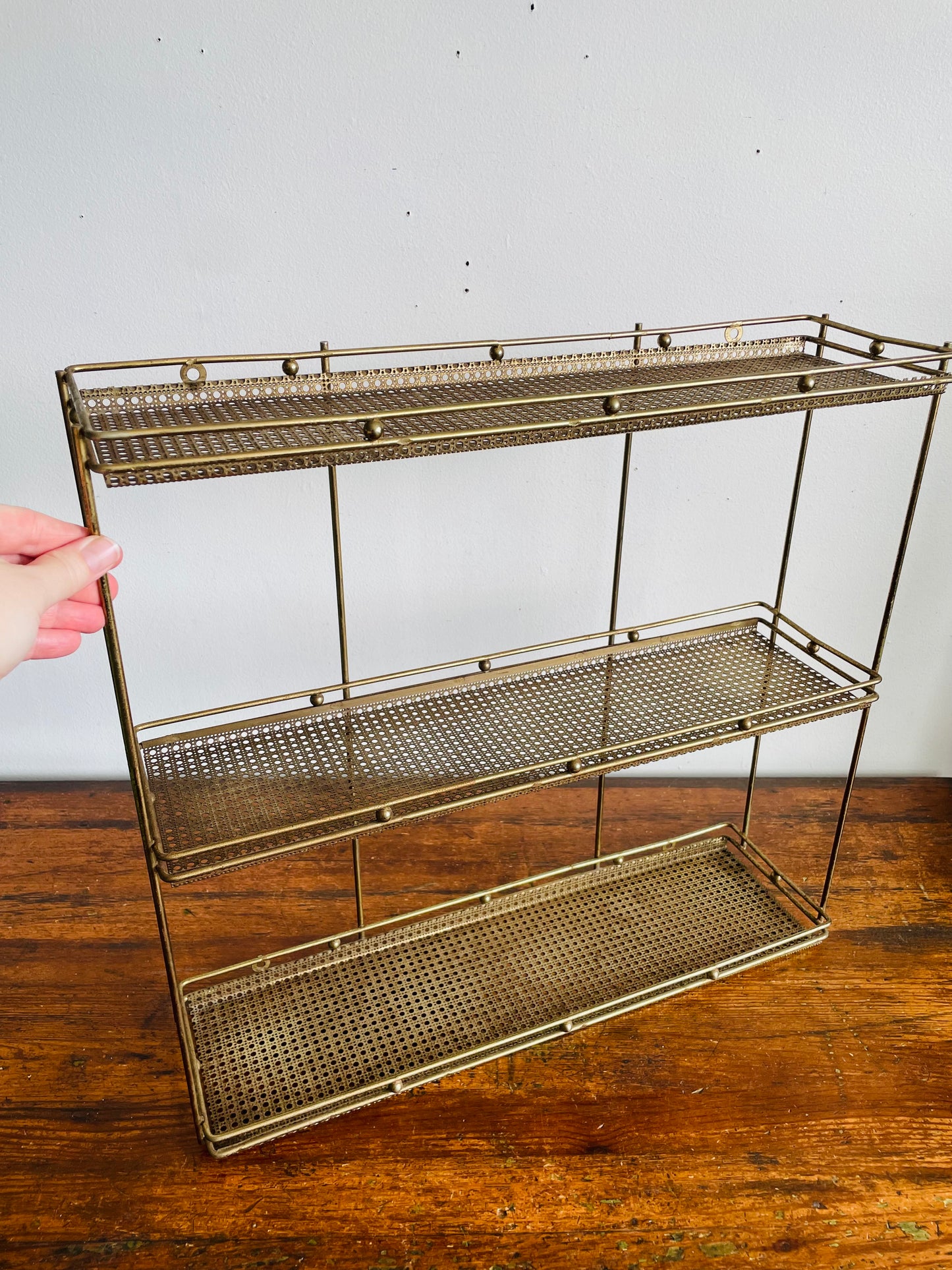 Vintage Gold Toned Metal & Brass Wall Hanging Shelf with Openwork Grill Design & Raised Edges - 3 Shelves- No Shipping