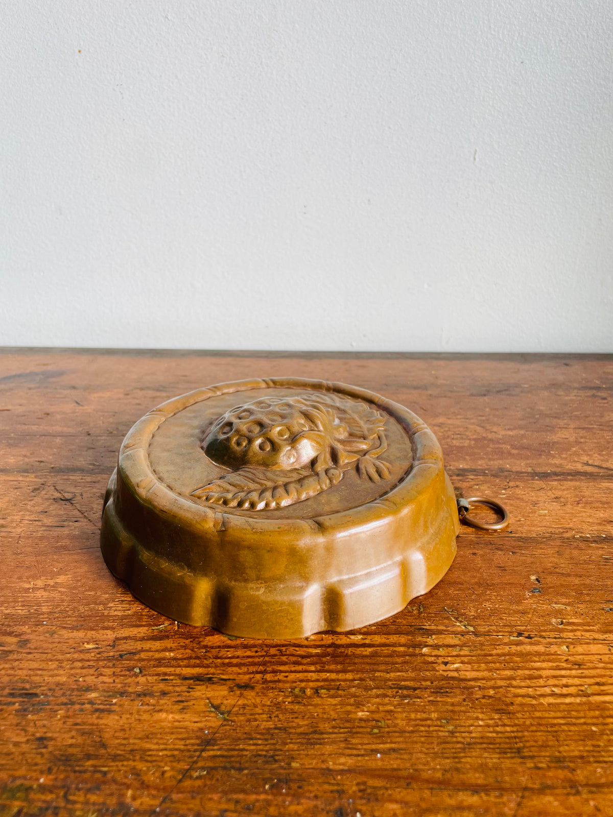 Vintage Solid Copper Round 6" Jelly Mold Wall Hanging with Botanical Raspberry Fruit Design