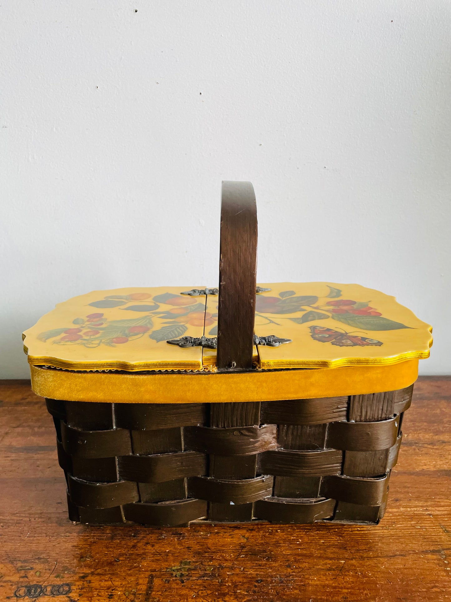 Vintage 1972 Wood Woven Decoupage Basket Purse or Storage Container with Botanical Fruit & Butterfly Design - Artist Signed - Angie 9/72