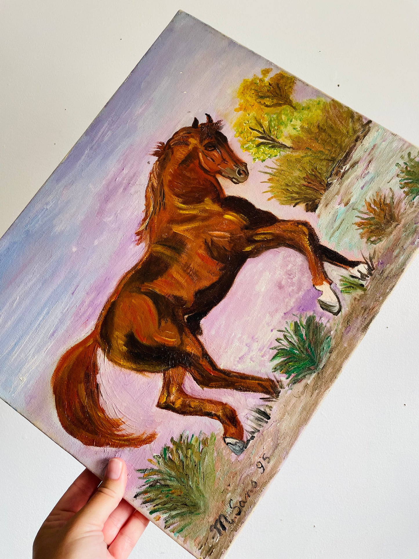 Vintage 1995 Original Art Painting Equestrian Picture of Prancing Brown Horse with Purple Sky - Artist Signed