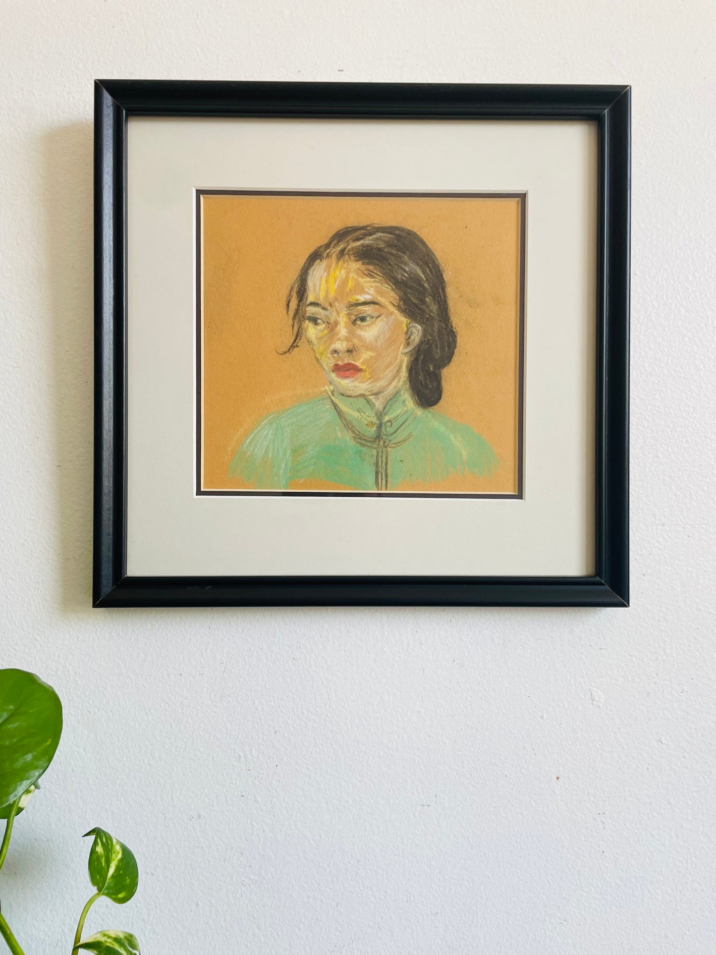 Vintage Original Art Pastel Chalk Portrait Picture of Woman in Turquoise Cheongsam Dress - Purchased from Son of the Artist in Haliburton, ON
