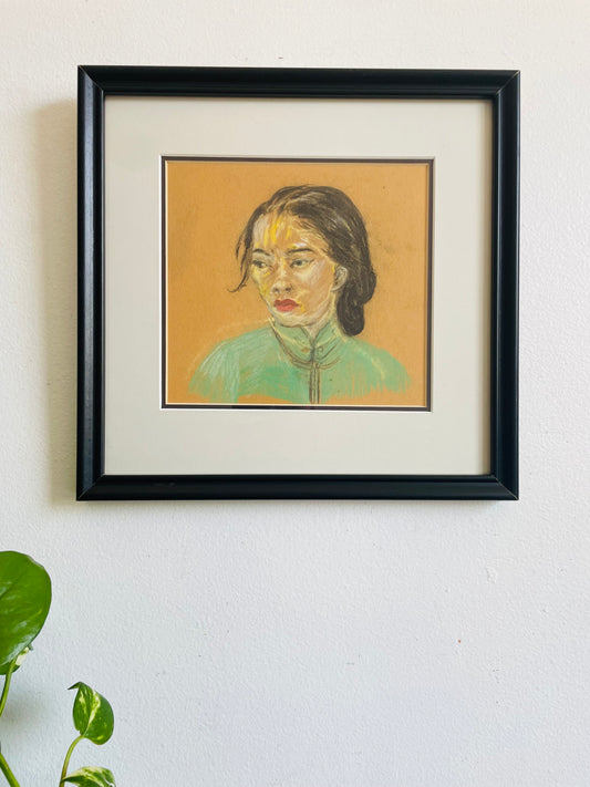 Vintage Original Art Pastel Chalk Portrait Picture of Woman in Turquoise Cheongsam Dress - Purchased from Son of the Artist in Haliburton, ON