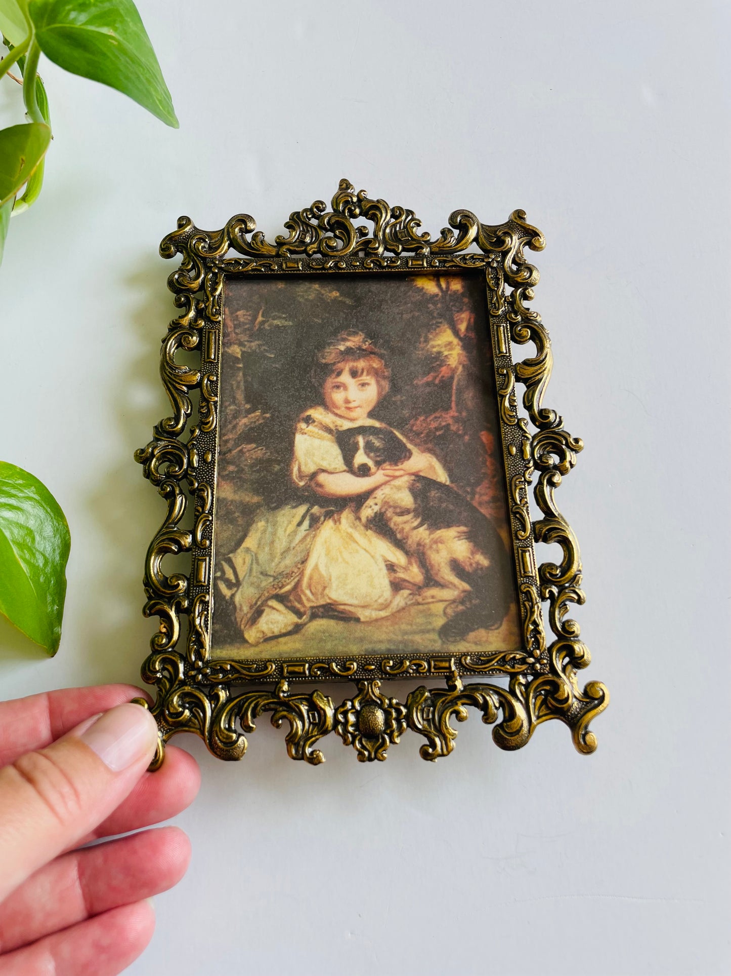 Vintage Ornate Brass Picture Frame with Print of Miss Jane Bowles & Puppy by Sir Joshua Reynolds - Made in Italy