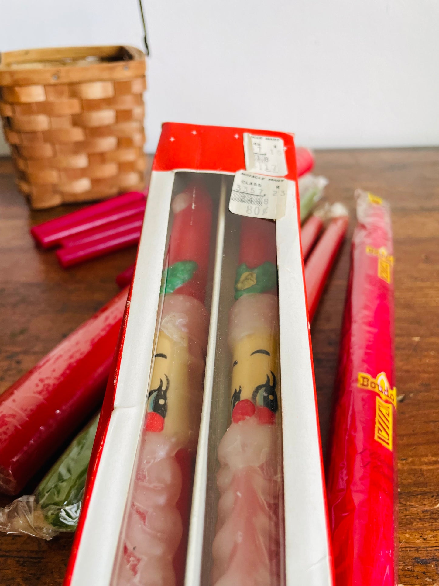Brand New Vintage Collection of Christmas Candles in Wicker Basket - Assorted Sizes & Shapes, Red & Green - Includes Santa Face Candles in Original Box - Set of 12 Candles + Basket